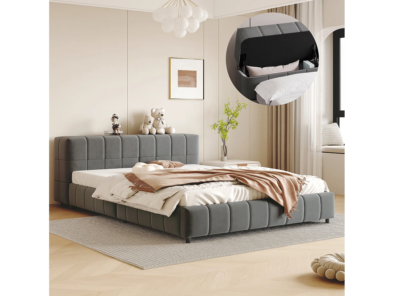 Gestoffeerd bed 140 x 200 cm, hoofdeinde met opbergruimte, fluwelen stof, lattenbodem, grijs