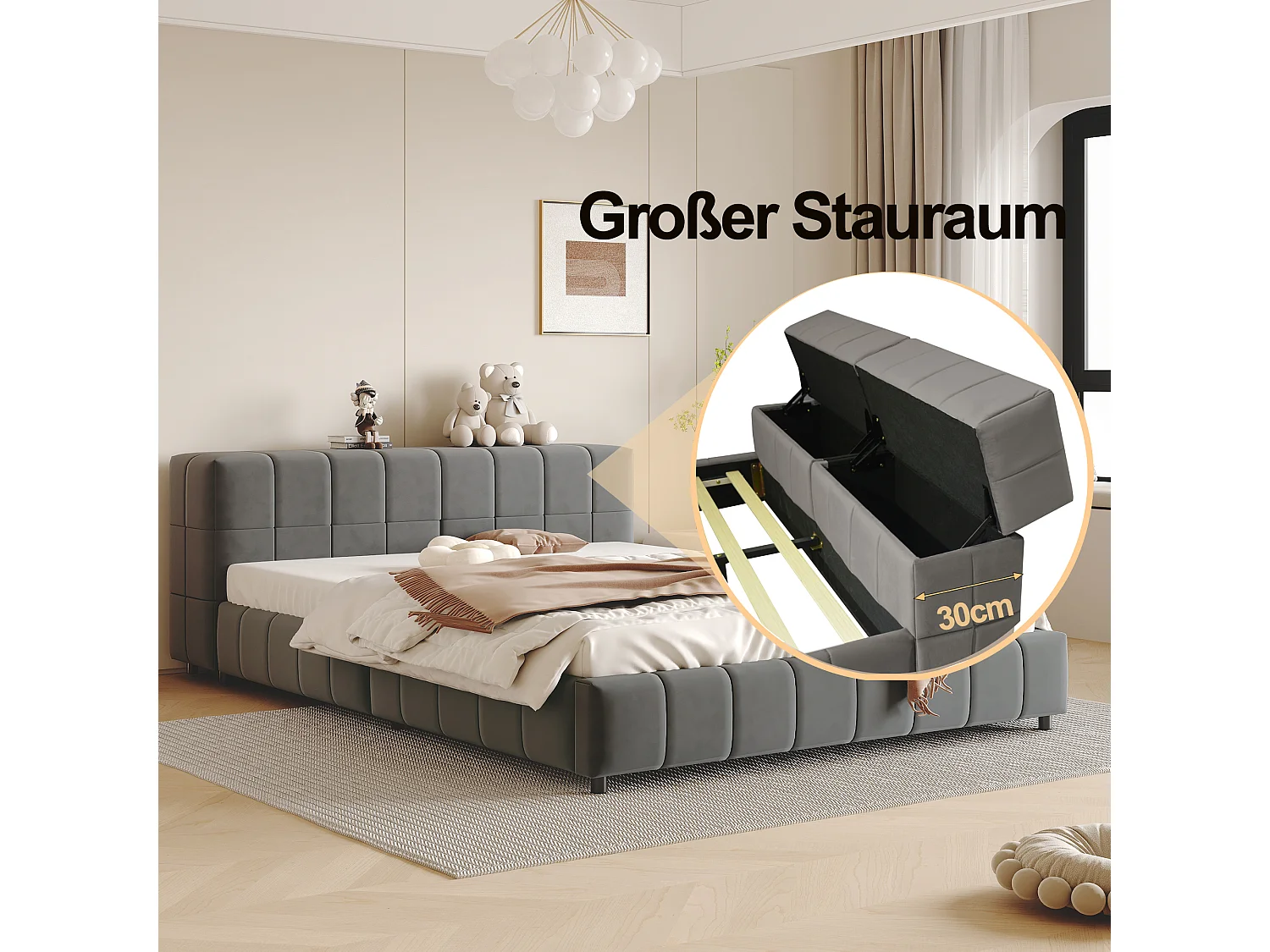 Gestoffeerd bed 140 x 200 cm, hoofdeinde met opbergruimte, fluwelen stof, lattenbodem, grijs