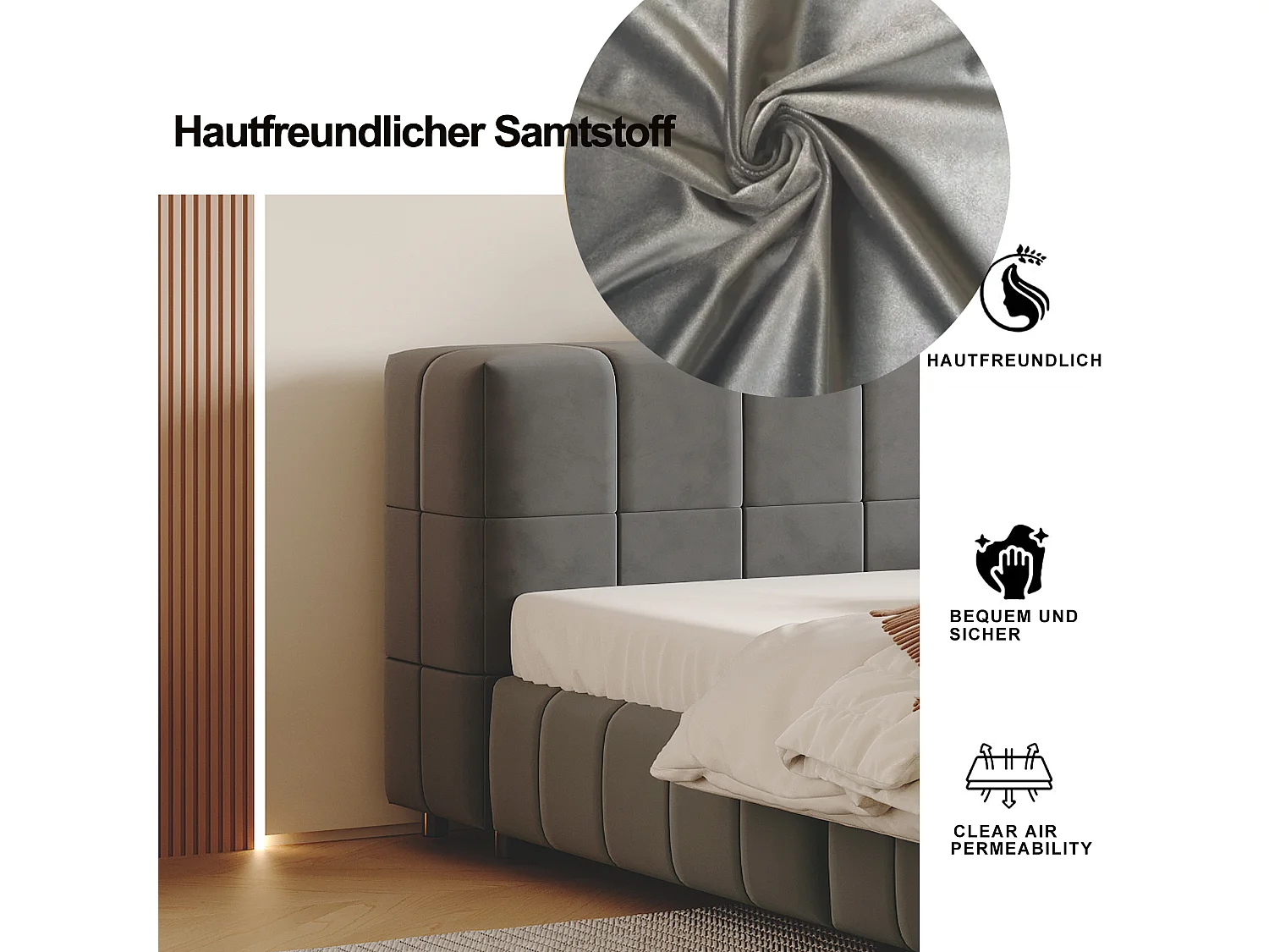 Gestoffeerd bed 140 x 200 cm, hoofdeinde met opbergruimte, fluwelen stof, lattenbodem, grijs