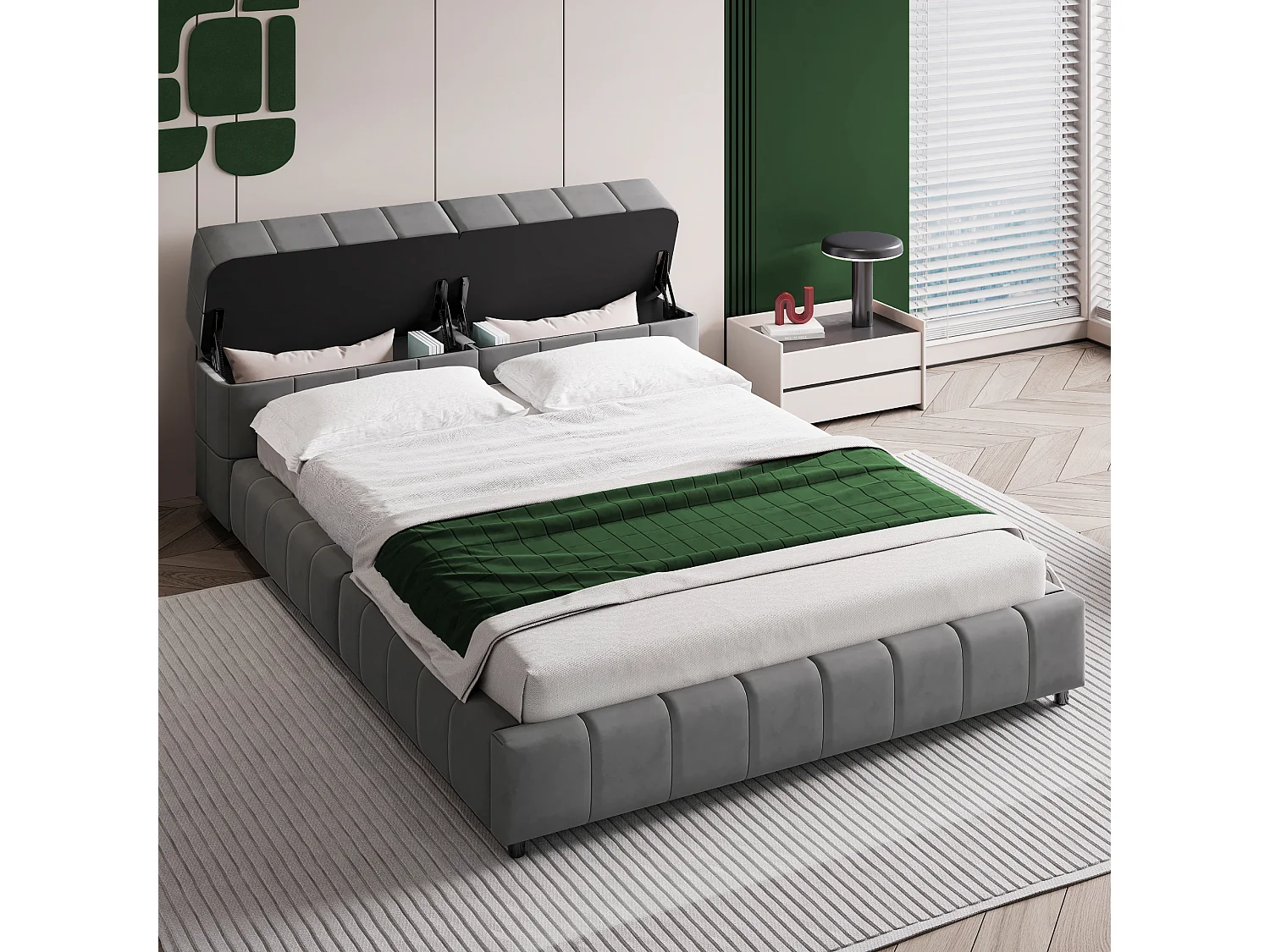 Gestoffeerd bed 140 x 200 cm, hoofdeinde met opbergruimte, fluwelen stof, lattenbodem, grijs