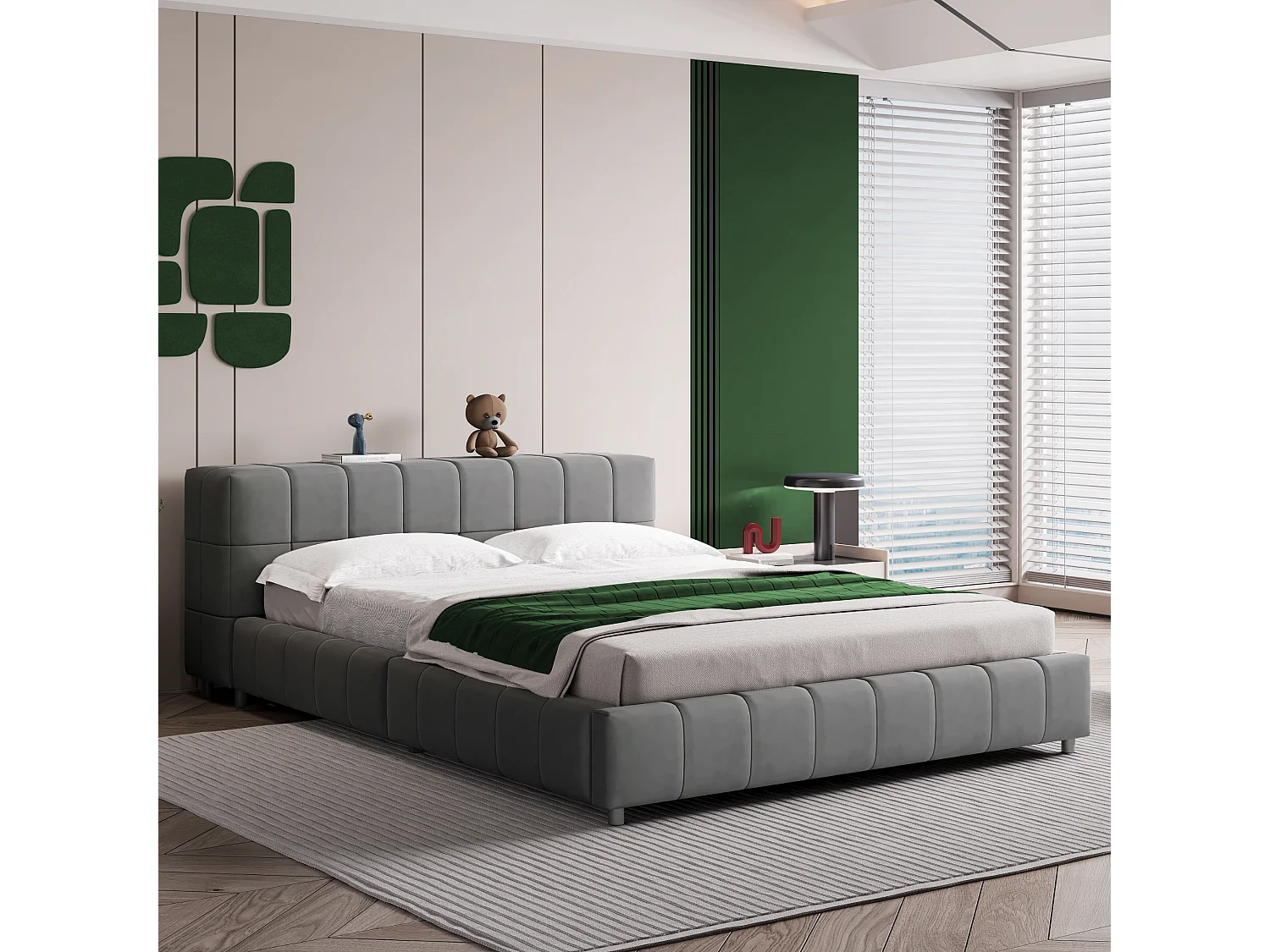 Gestoffeerd bed 140 x 200 cm, hoofdeinde met opbergruimte, fluwelen stof, lattenbodem, grijs