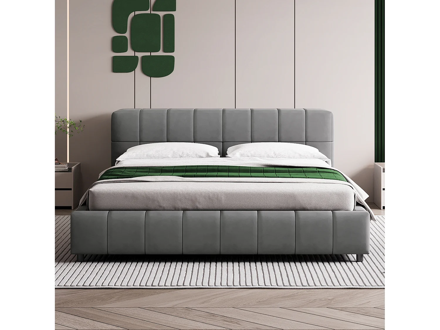 Gestoffeerd bed 140 x 200 cm, hoofdeinde met opbergruimte, fluwelen stof, lattenbodem, grijs