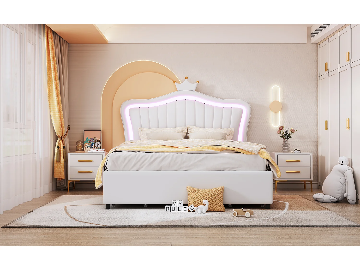 Łóżko tapicerowane 140 x 200 cm z 4 szufladami i oświetleniem LED - wzór korony - stelaż listwowy - białe