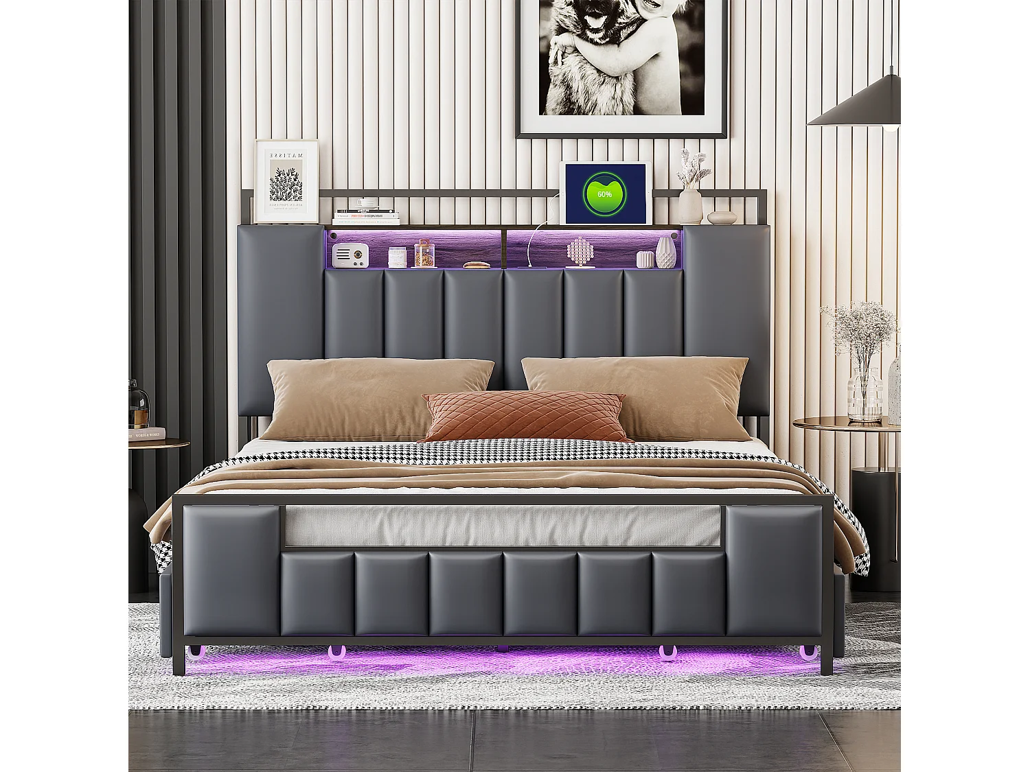 Łóżko tapicerowane 140 x 200 cm z 4 szufladami - LED + port USB - Metal i skóra ekologiczna - Szare