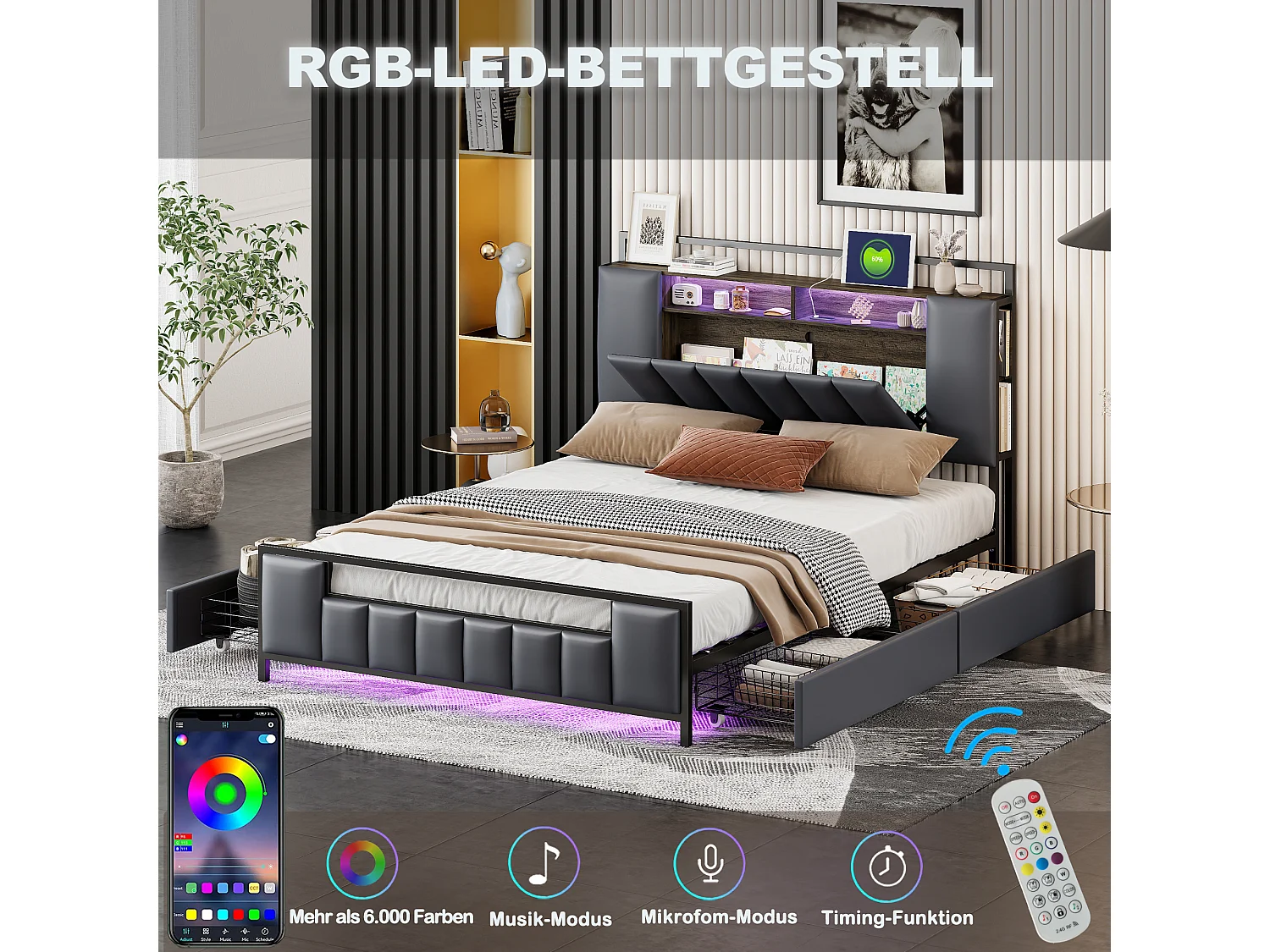 Łóżko tapicerowane 140 x 200 cm z 4 szufladami - LED + port USB - Metal i skóra ekologiczna - Szare