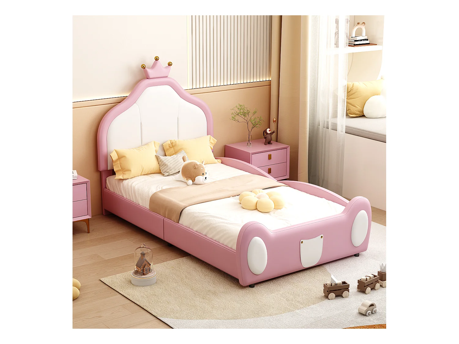 Lit enfant capitonné 90 x 200 cm rembourré en cuir PU, motif patchwork bicolore，sommier à lattes, rose