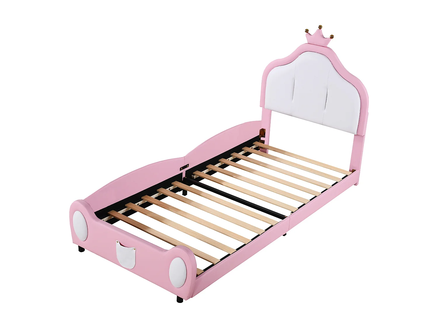 Lit enfant capitonné 90 x 200 cm rembourré en cuir PU, motif patchwork bicolore，sommier à lattes, rose