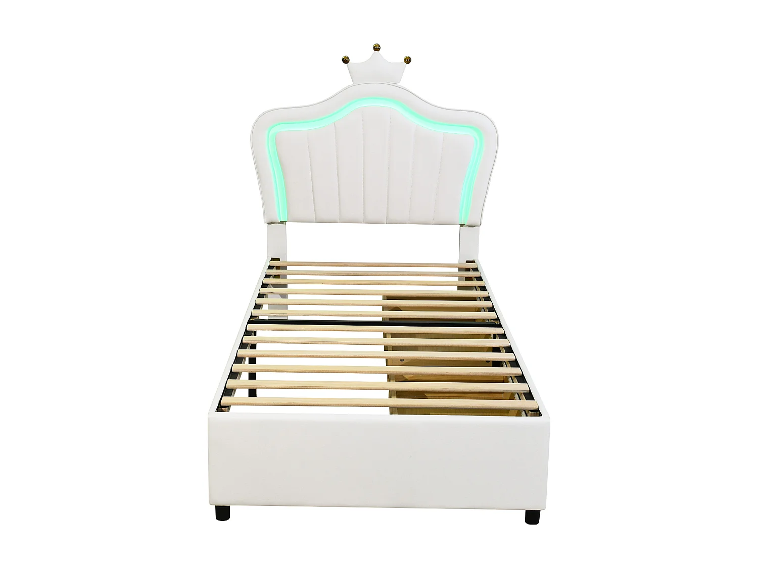 Cama tapizada 90 x 200 con 2 cajones - Tapizada en polipiel - Cabecero en forma de corona - Blanco