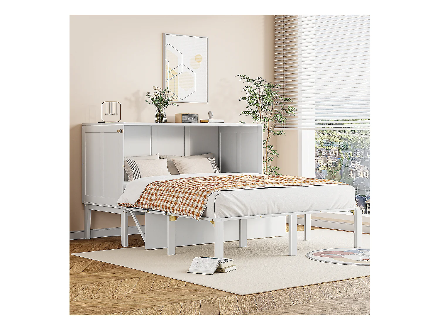 Lit escamotable vertical 140 x 200 cm - Bois MDF - Sommier à lattes - Blanc