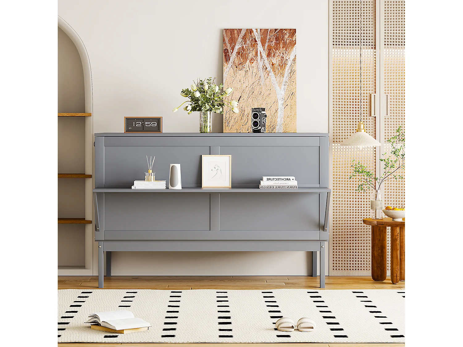 Letto a scomparsa verticale 140 x 200 cm - Legno MDF - Rete a doghe - Grigio