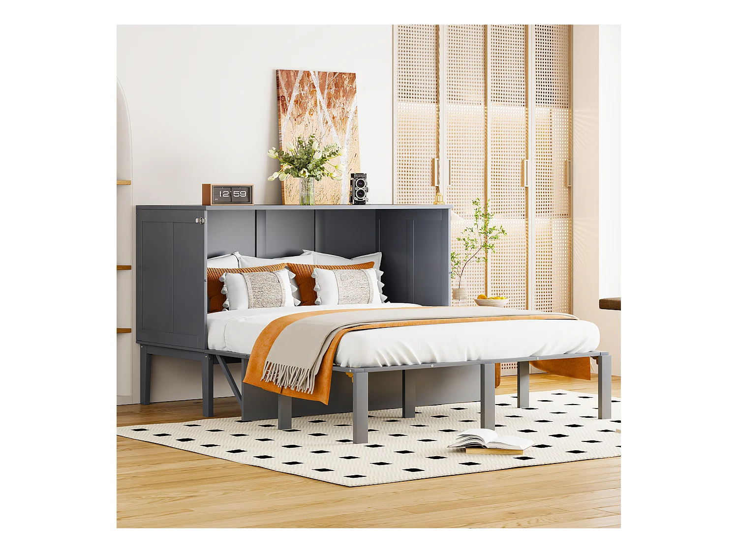 Lit escamotable vertical 140 x 200 cm - Bois MDF - Sommier à lattes - Gris