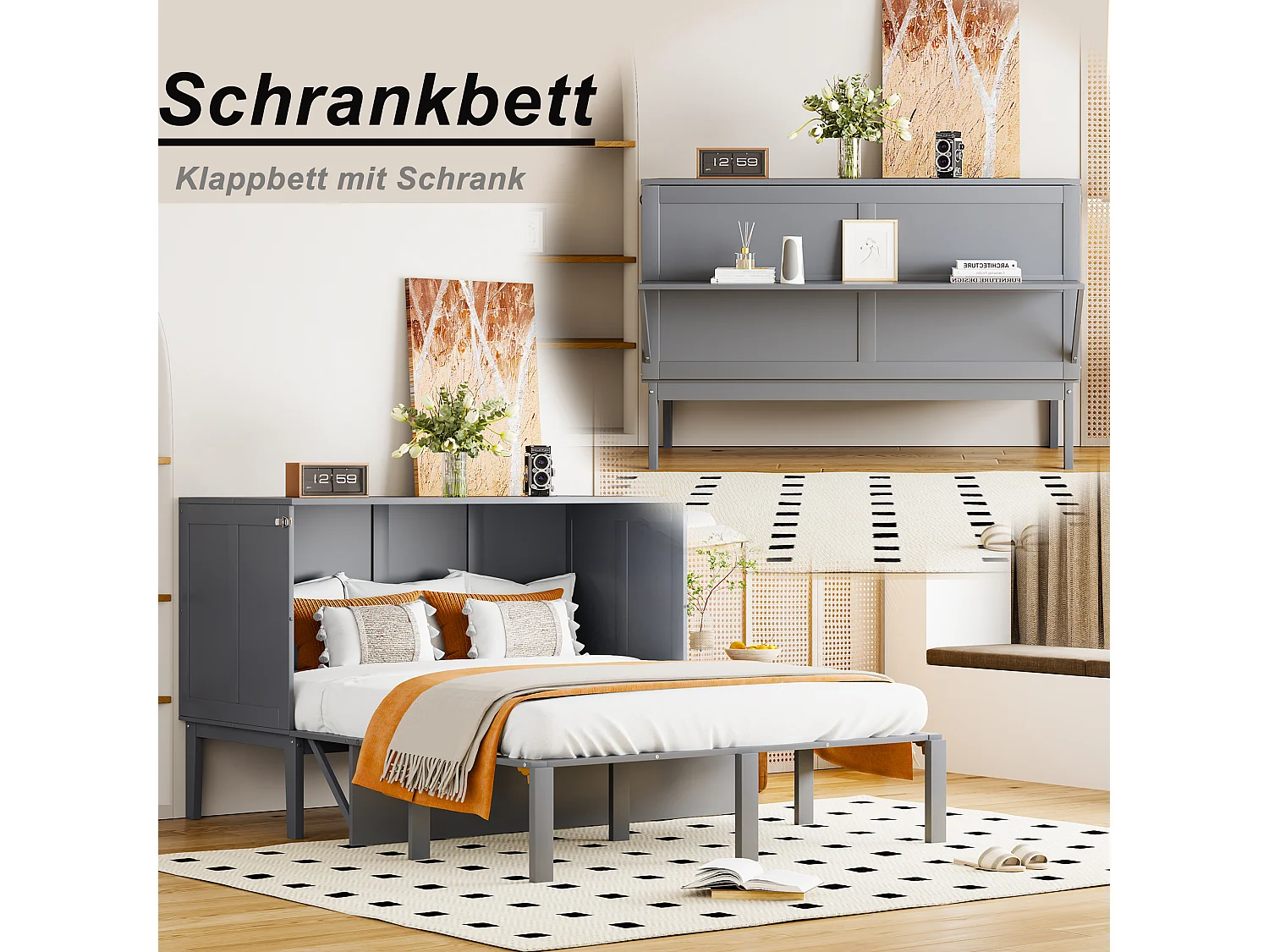 Vertikales Klappbett 140 x 200 cm – MDF-Holz – Lattenrost – Grau