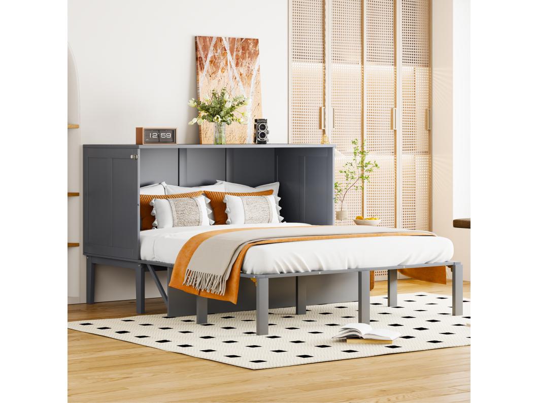 Cama dobrável vertical 140 x 200 cm - Madeira MDF - Base de ripas - Cinza