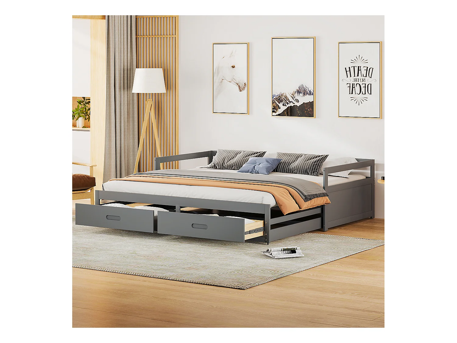 Lit gigogne 90 x 200 cm avec 2 tiroirs - Bois de pin - sommier à lattes - gris
