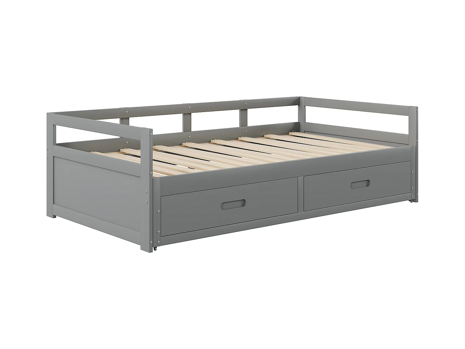 Lit gigogne 90 x 200 cm avec 2 tiroirs - Bois de pin - sommier à lattes - gris