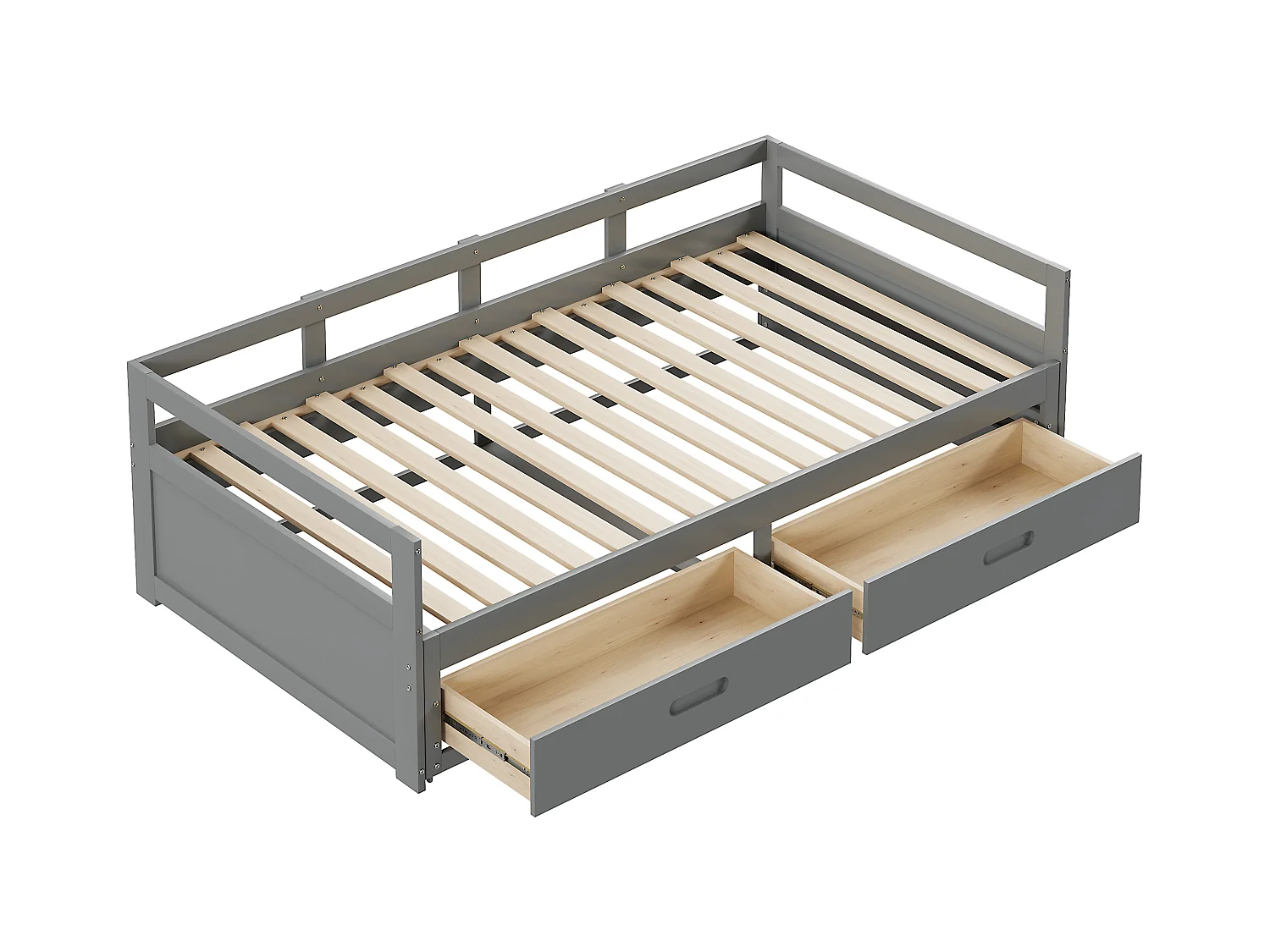 Lit gigogne 90 x 200 cm avec 2 tiroirs - Bois de pin - sommier à lattes - gris