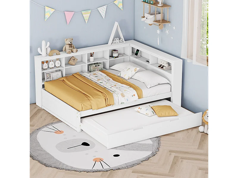 Lit gigogne 140 x 200 cm + 90 x 190 cm avec prise USB et rangements - bois massif - blanc