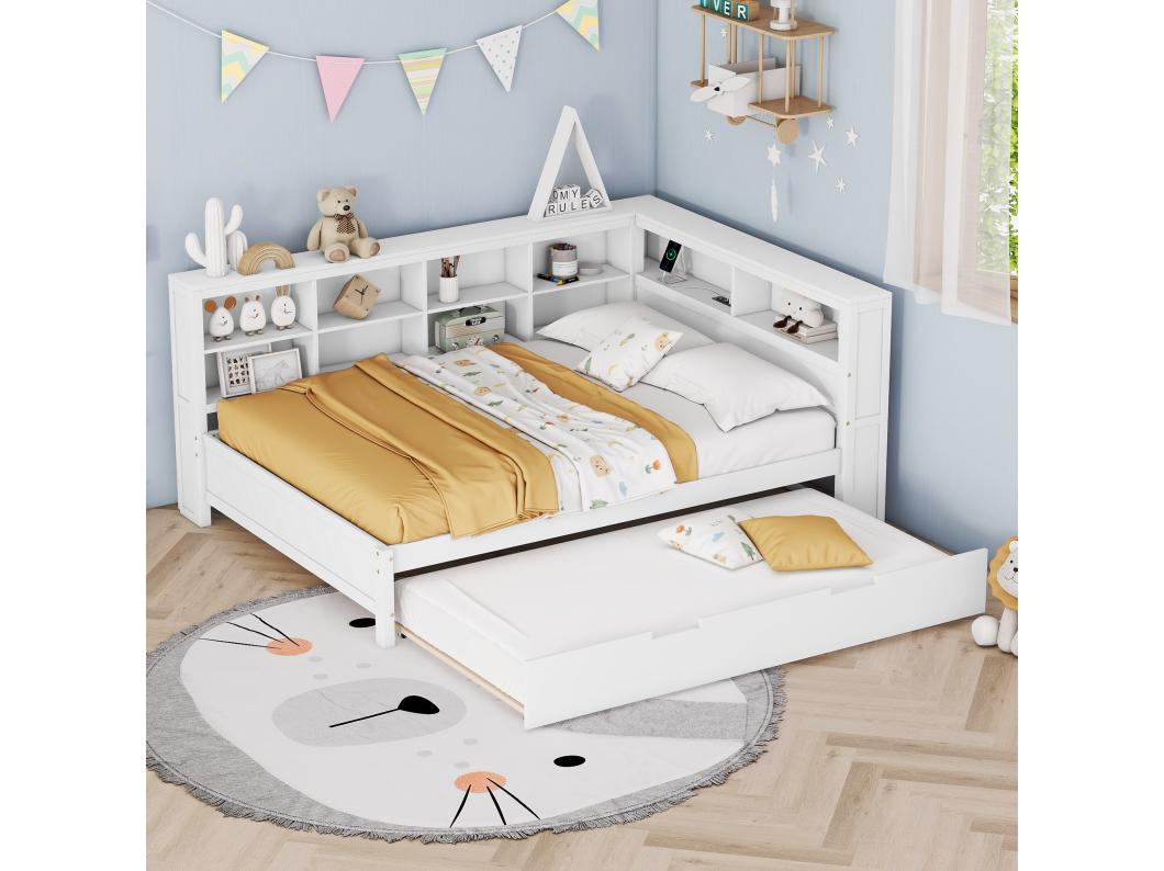 Cama com gavetão 140 x 200 cm + 90 x 190 cm com tomada USB e armazenamento - madeira maciça - branco