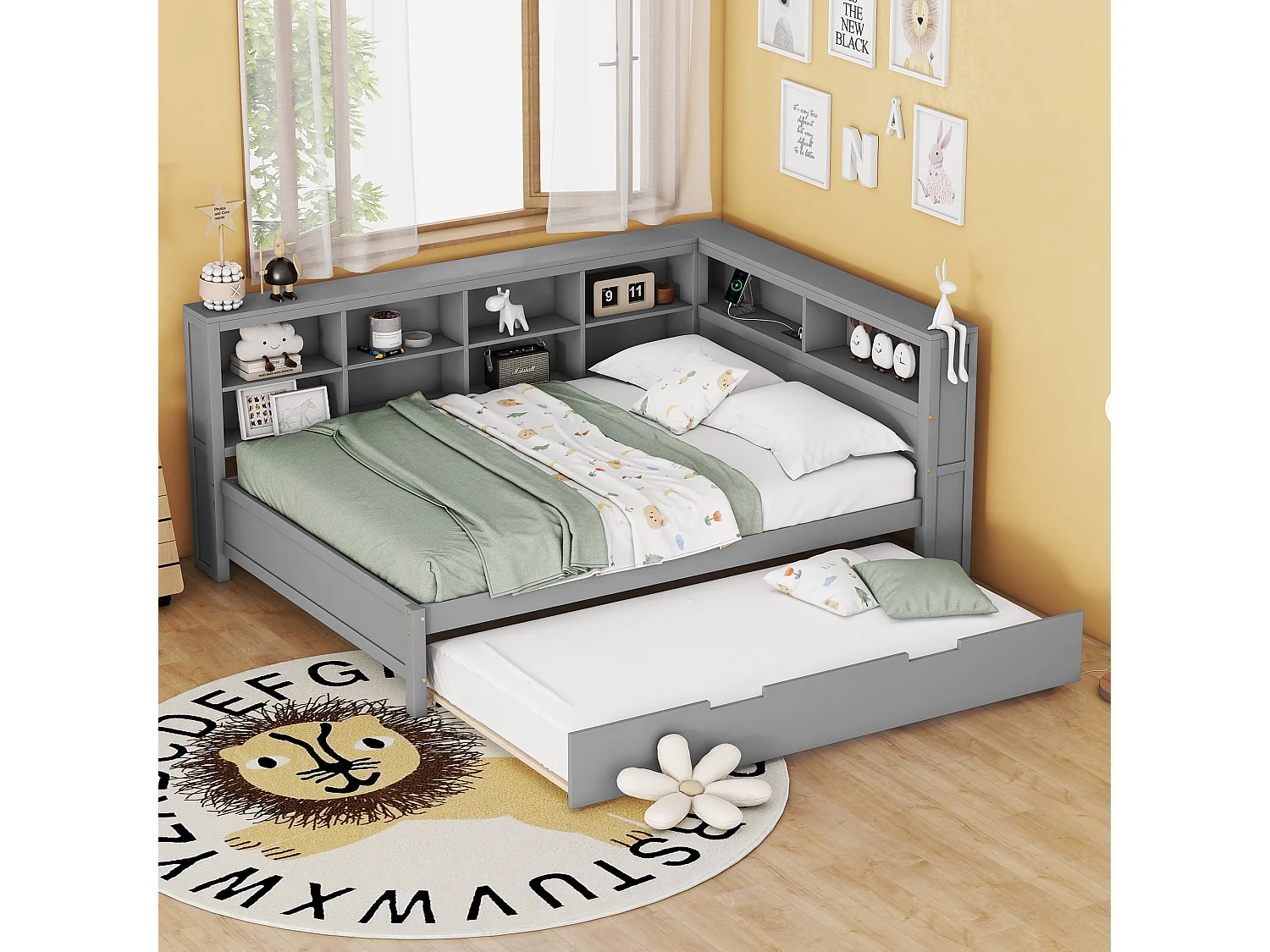 Lit gigogne 140 x 200 cm + 90 x 190 cm avec prise USB et rangements - bois massif - gris