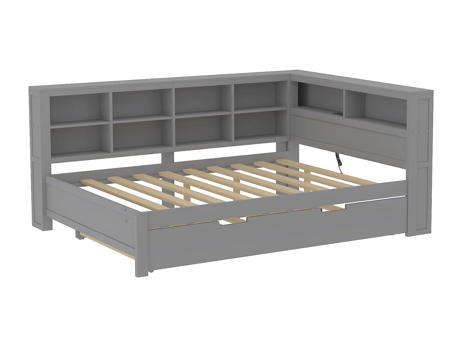 Lit gigogne 140 x 200 cm + 90 x 190 cm avec prise USB et rangements - bois massif - gris