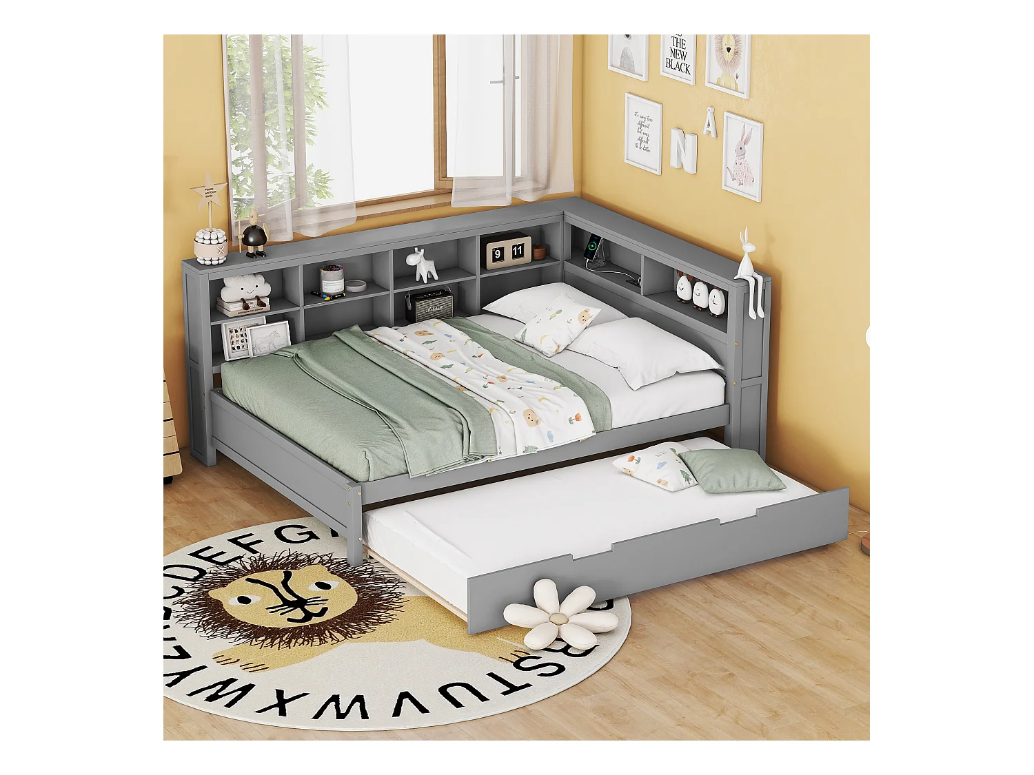 Lit gigogne 140 x 200 cm + 90 x 190 cm avec prise USB et rangements - bois massif - gris