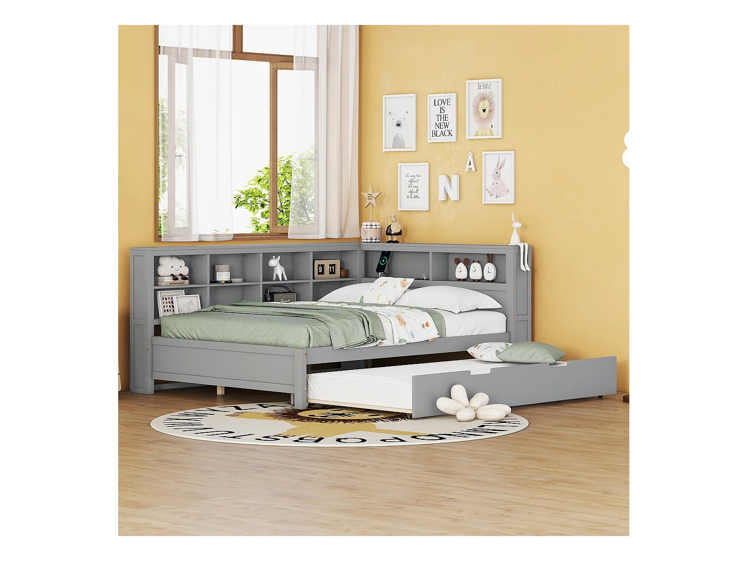 Lit gigogne 140 x 200 cm + 90 x 190 cm avec prise USB et rangements - bois massif - gris