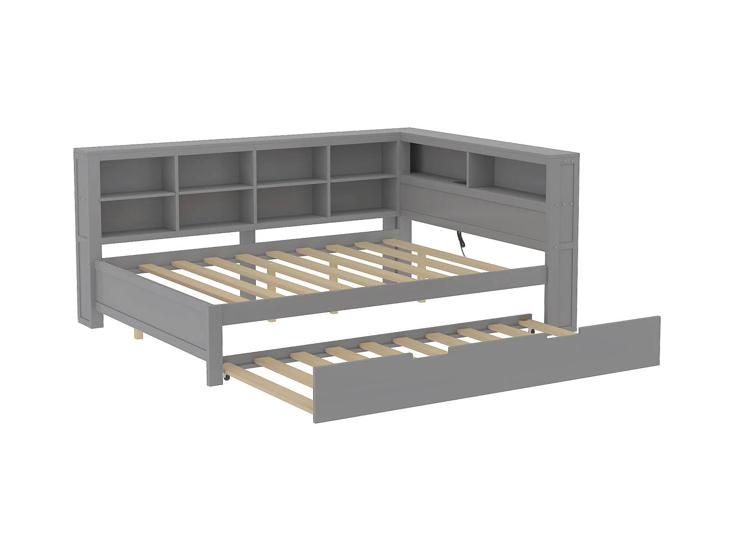 Lit gigogne 140 x 200 cm + 90 x 190 cm avec prise USB et rangements - bois massif - gris