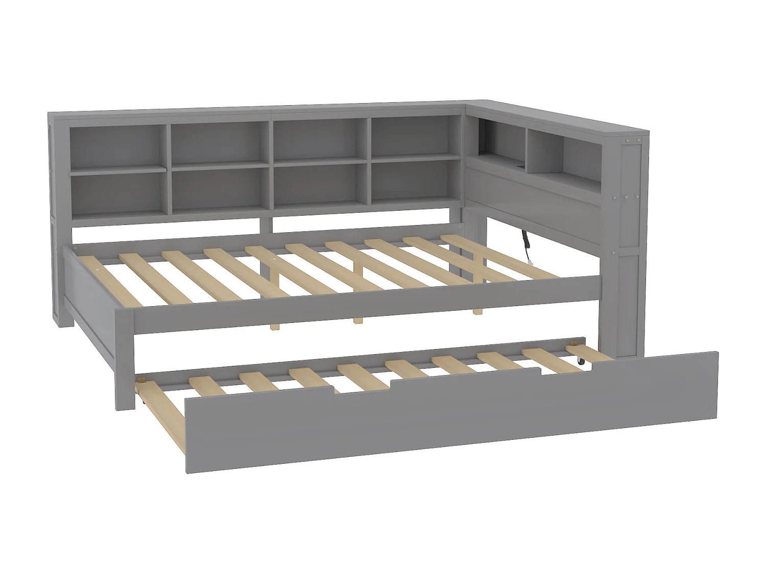 Onderschuifbed 140 x 200 cm + 90 x 190 cm met USB-aansluiting en opbergruimte - massief hout - grijs