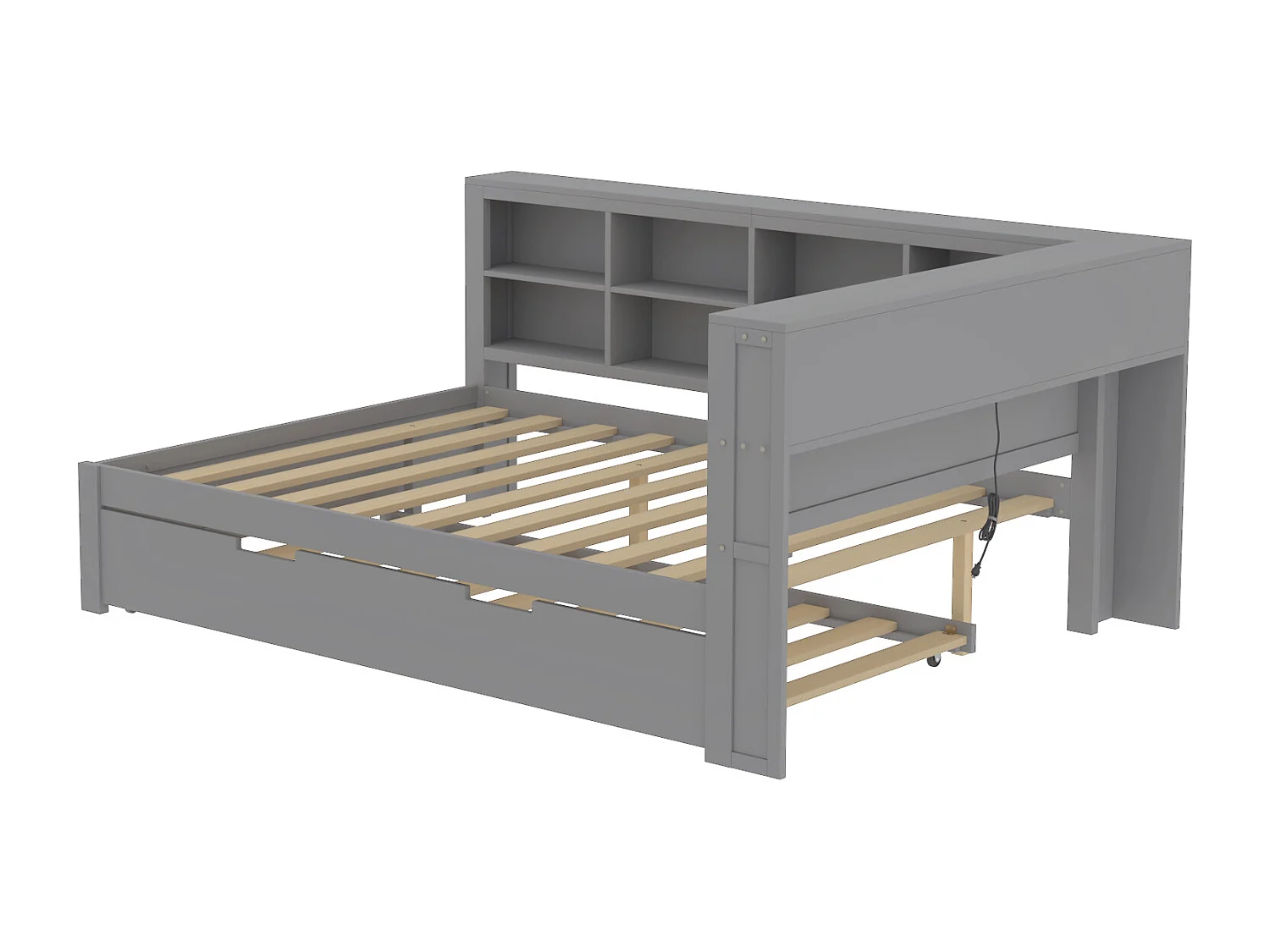 Onderschuifbed 140 x 200 cm + 90 x 190 cm met USB-aansluiting en opbergruimte - massief hout - grijs