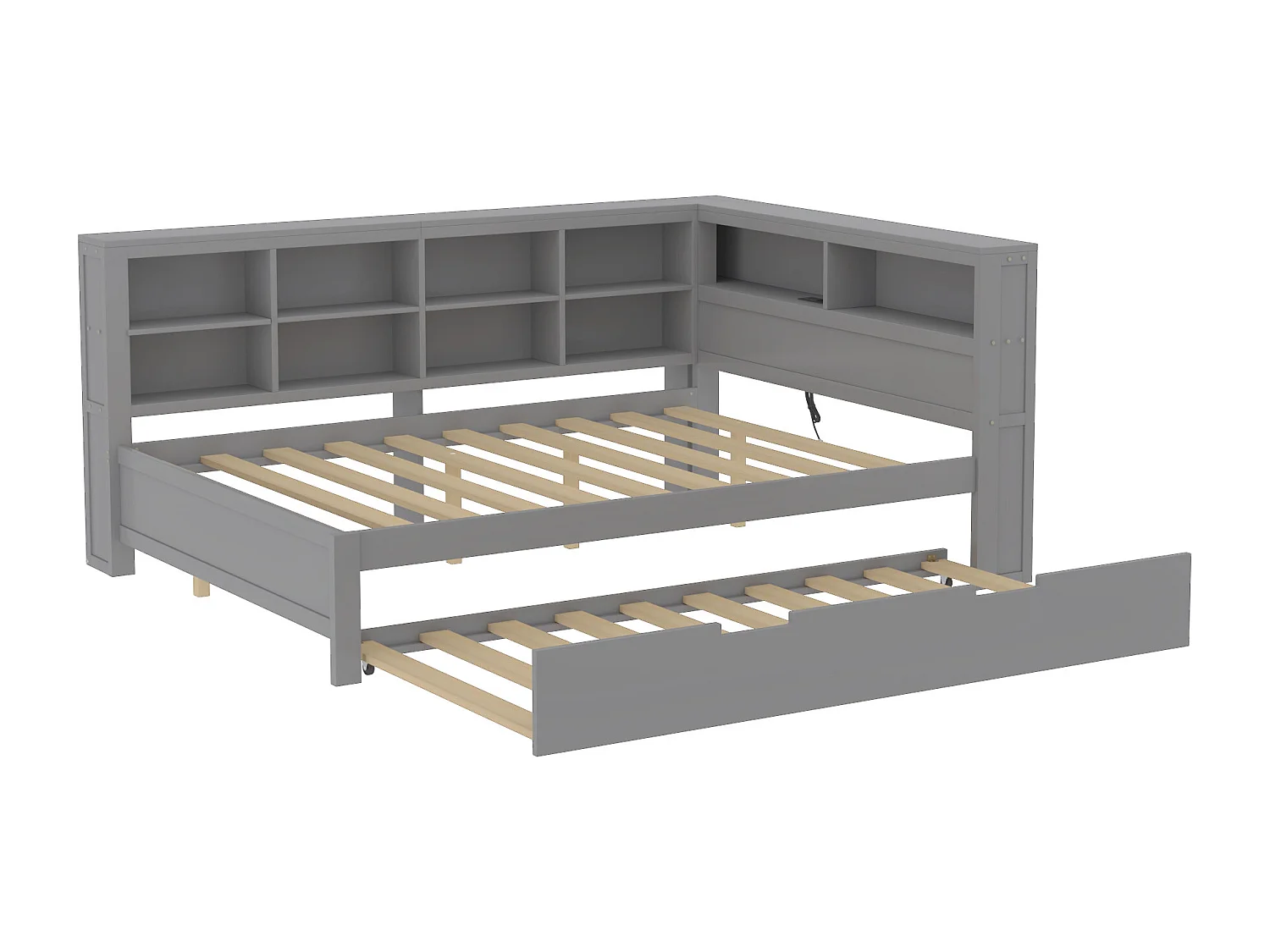 Onderschuifbed 140 x 200 cm + 90 x 190 cm met USB-aansluiting en opbergruimte - massief hout - grijs