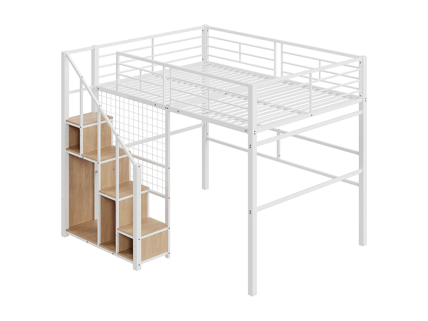 Hochbett 140 x 200 cm mit Stauraum und Sicherheitstreppe – Metall und Holz – Weiß