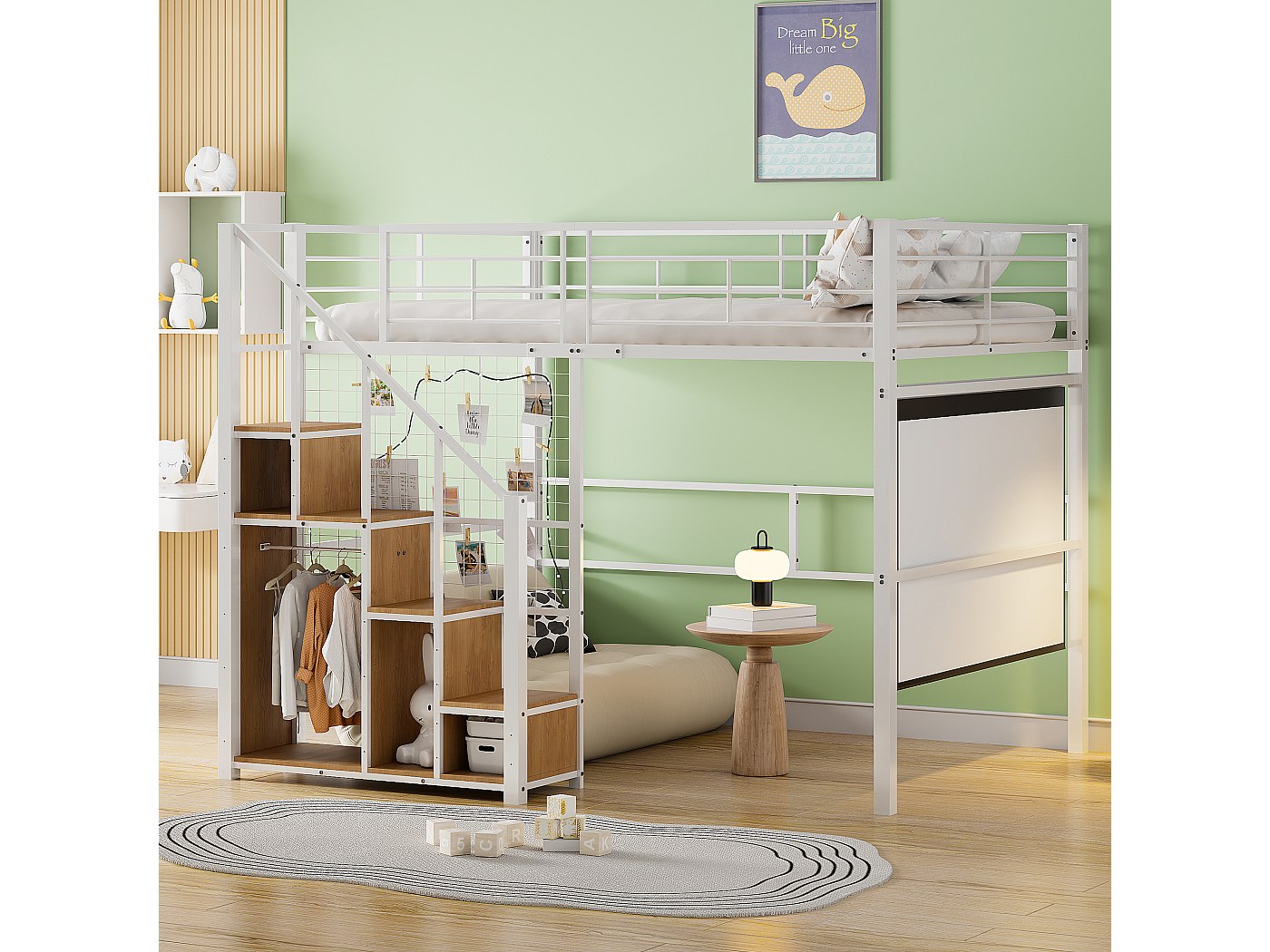 Lit mezzanine 140 x 200 cm avec placard de rangement et escalier de