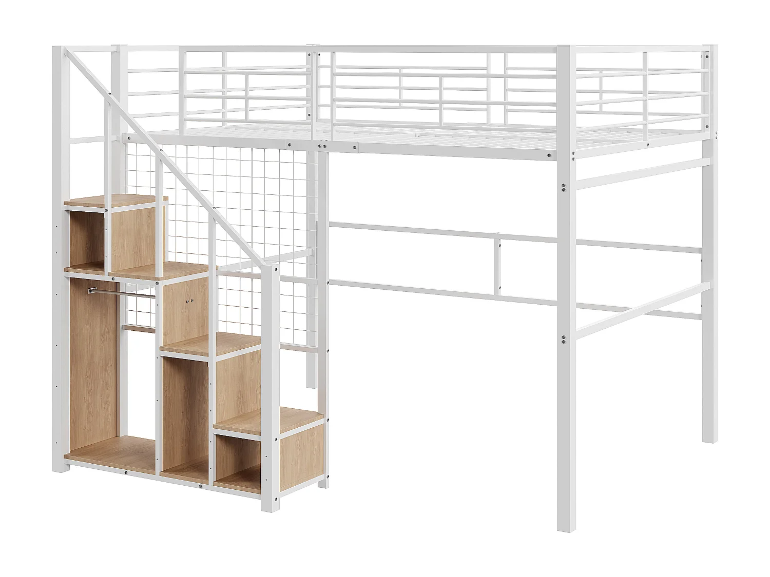 Lit mezzanine 140 x 200 cm avec placard de rangement et escalier de sécurité - métal et bois - blanc