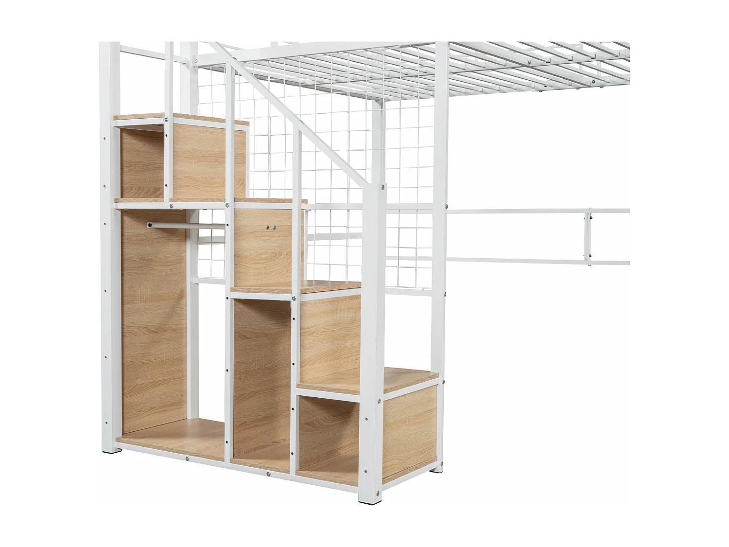 Lit mezzanine 140 x 200 cm avec placard de rangement et escalier de sécurité - métal et bois - blanc