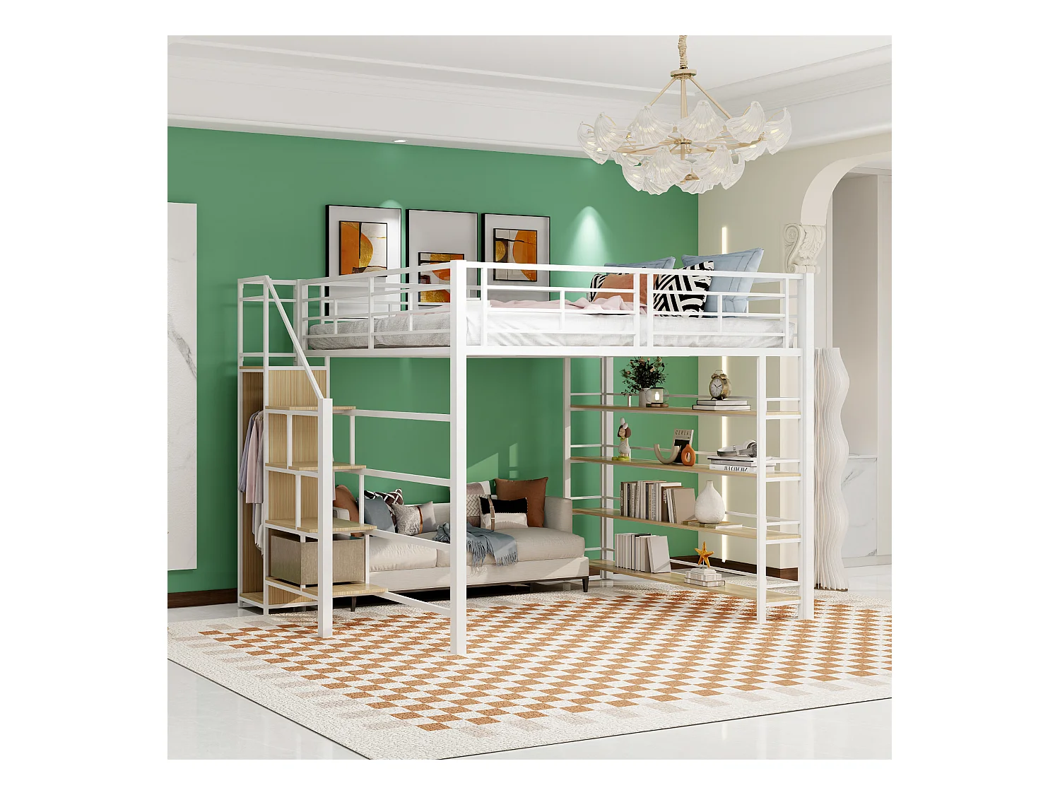 Lit mezzanine 140 x 200 cm avec étagères de rangement et petite penderie - cadre en métal - blanc