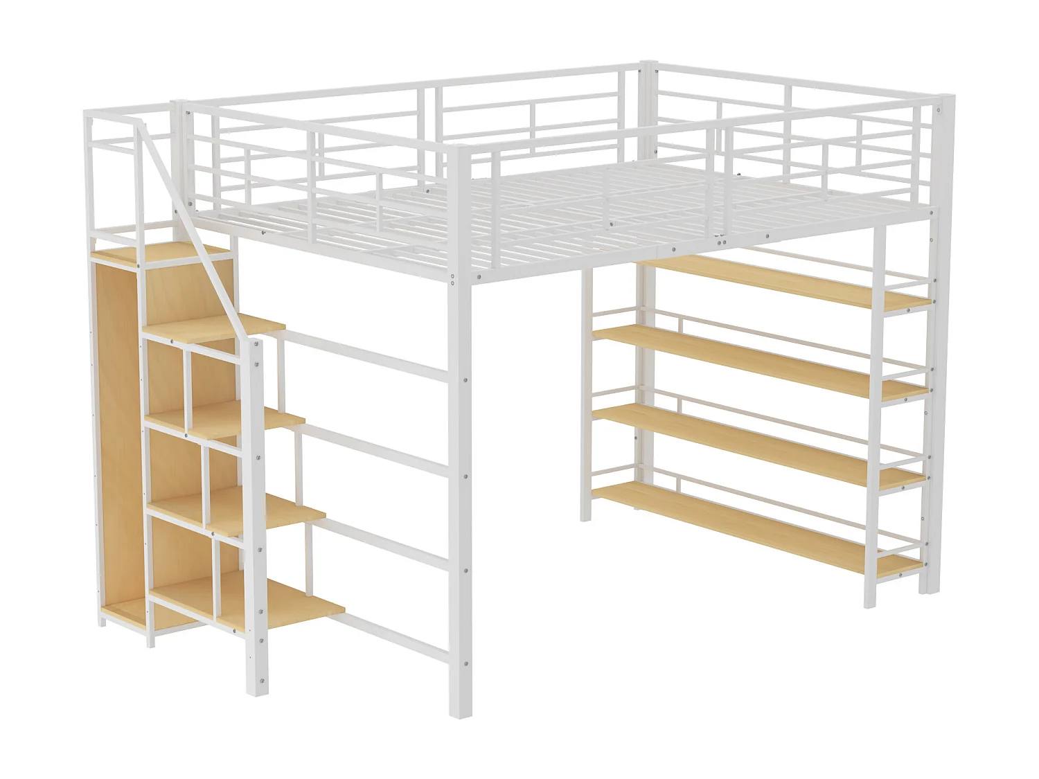 Letto a soppalco 140 x 200 cm con ripiani portaoggetti e piccolo armadio - struttura in metallo - bianco