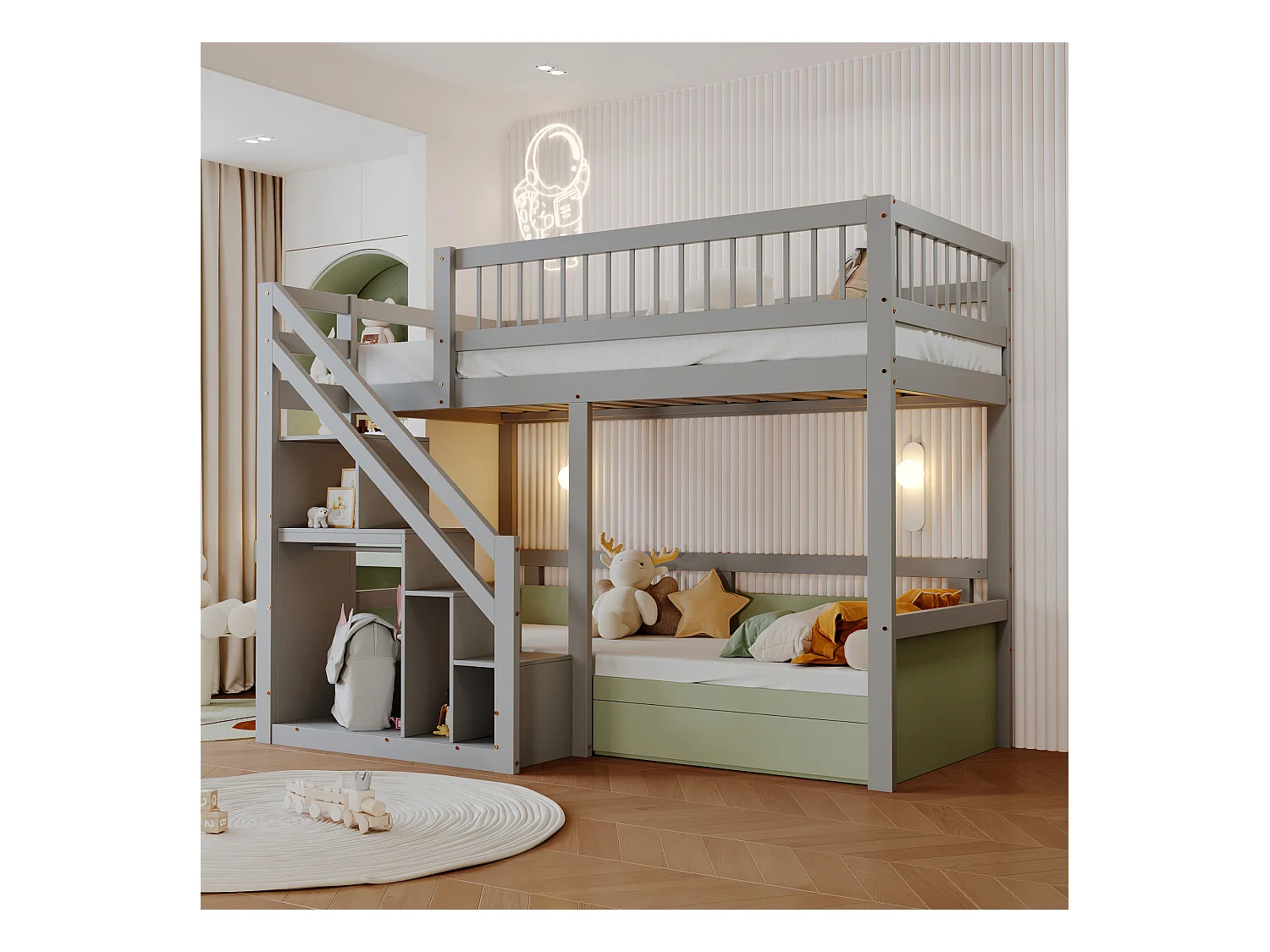 Hochbett aus Massivholz 90 x 200 cm mit Stauraum – Sicherheitstreppe – Grau