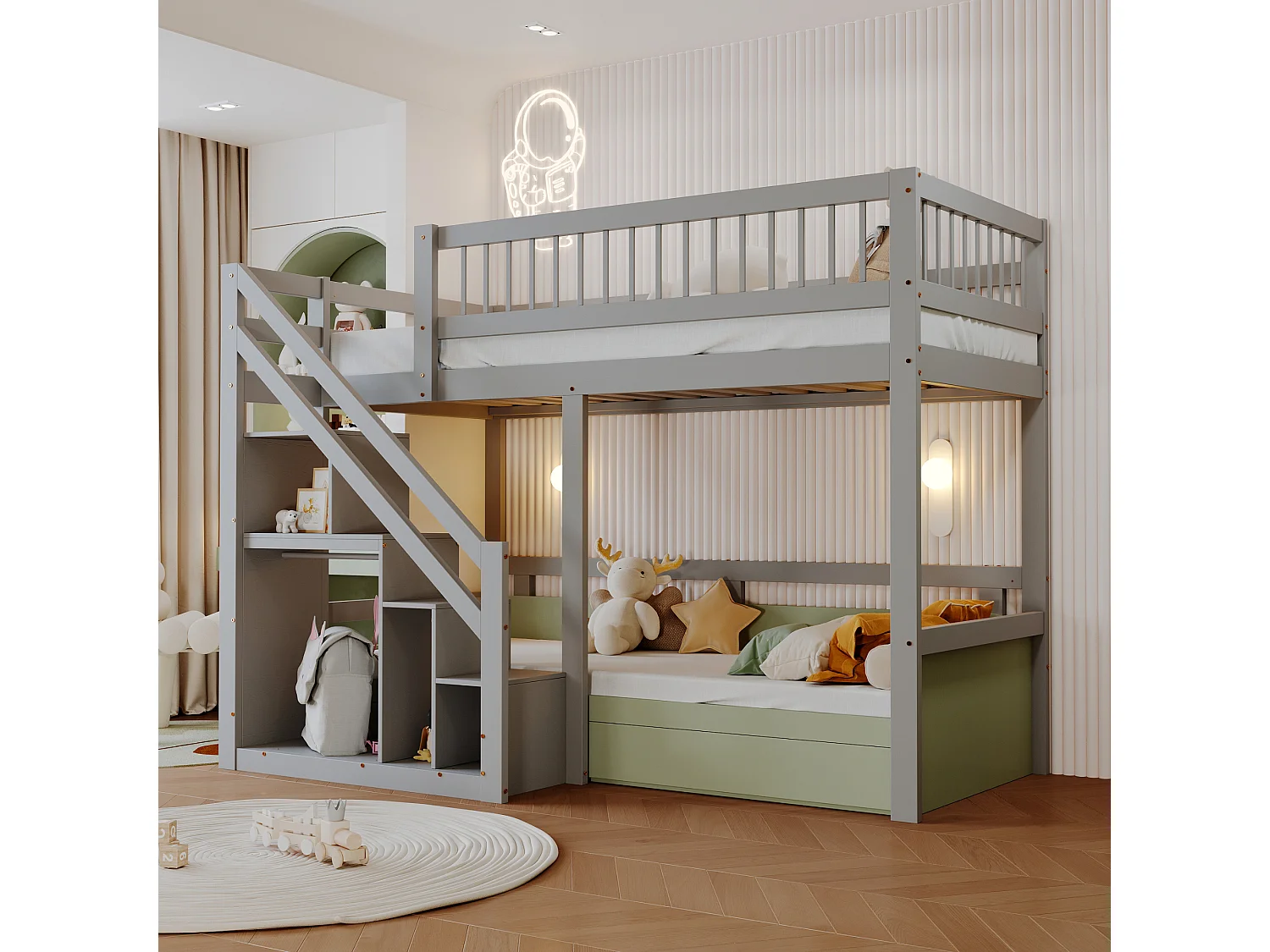 Hochbett aus Massivholz 90 x 200 cm mit Stauraum – Sicherheitstreppe – Grau