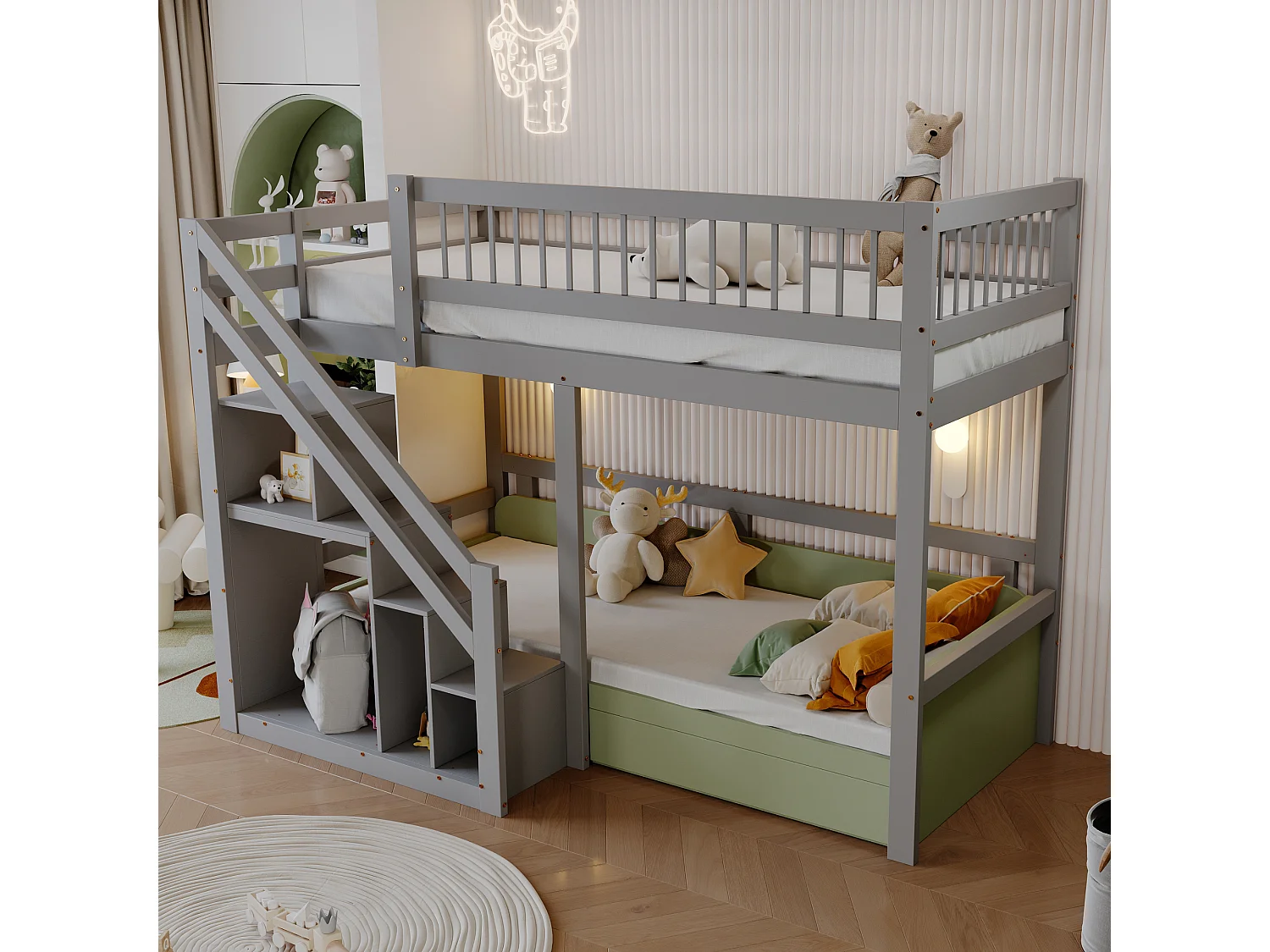 Hochbett aus Massivholz 90 x 200 cm mit Stauraum – Sicherheitstreppe – Grau