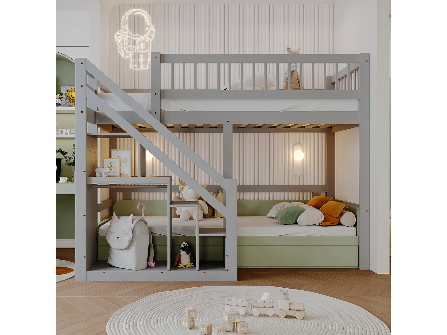 Hochbett aus Massivholz 90 x 200 cm mit Stauraum – Sicherheitstreppe – Grau
