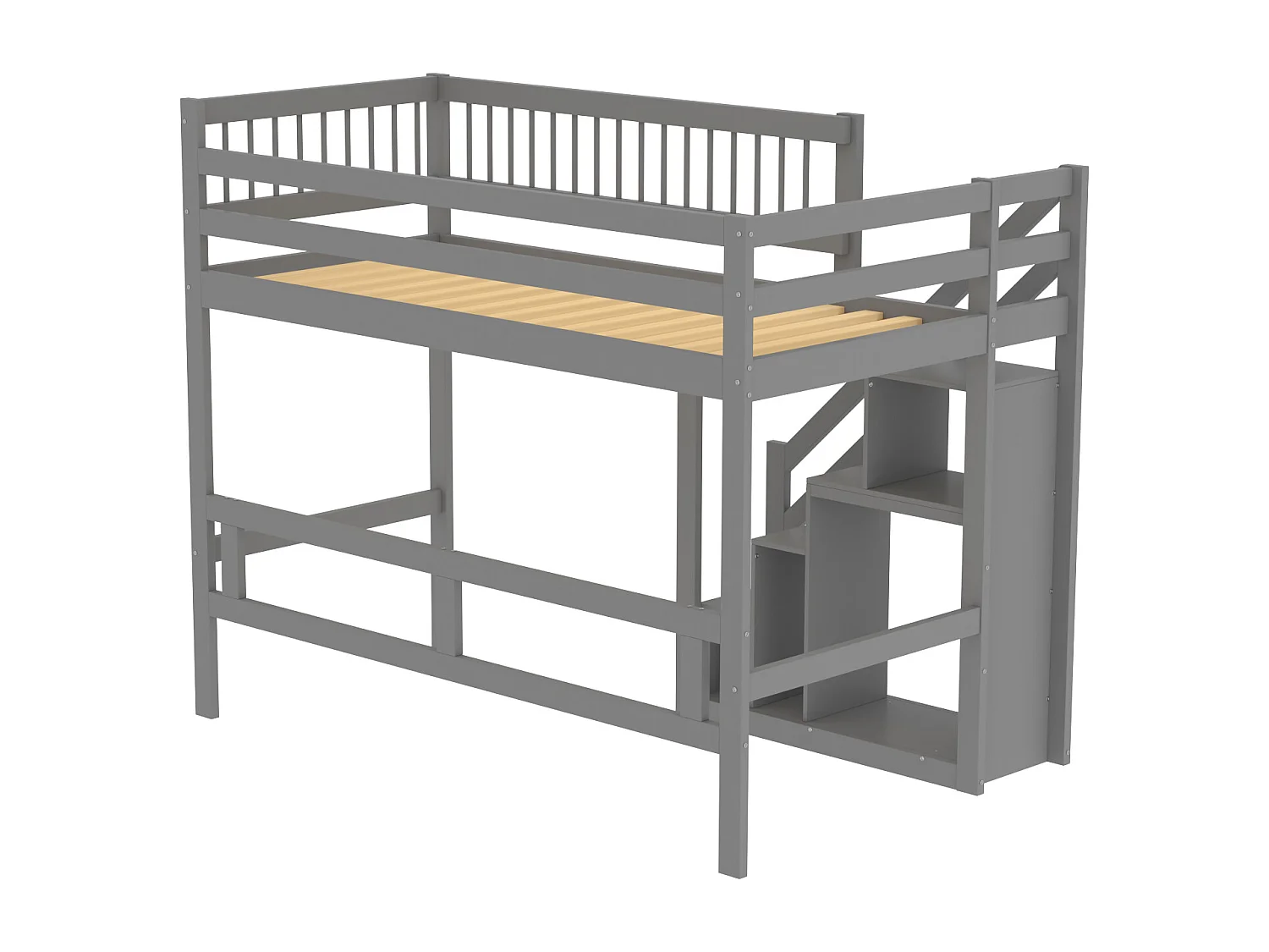 Hochbett aus Massivholz 90 x 200 cm mit Stauraum – Sicherheitstreppe – Grau
