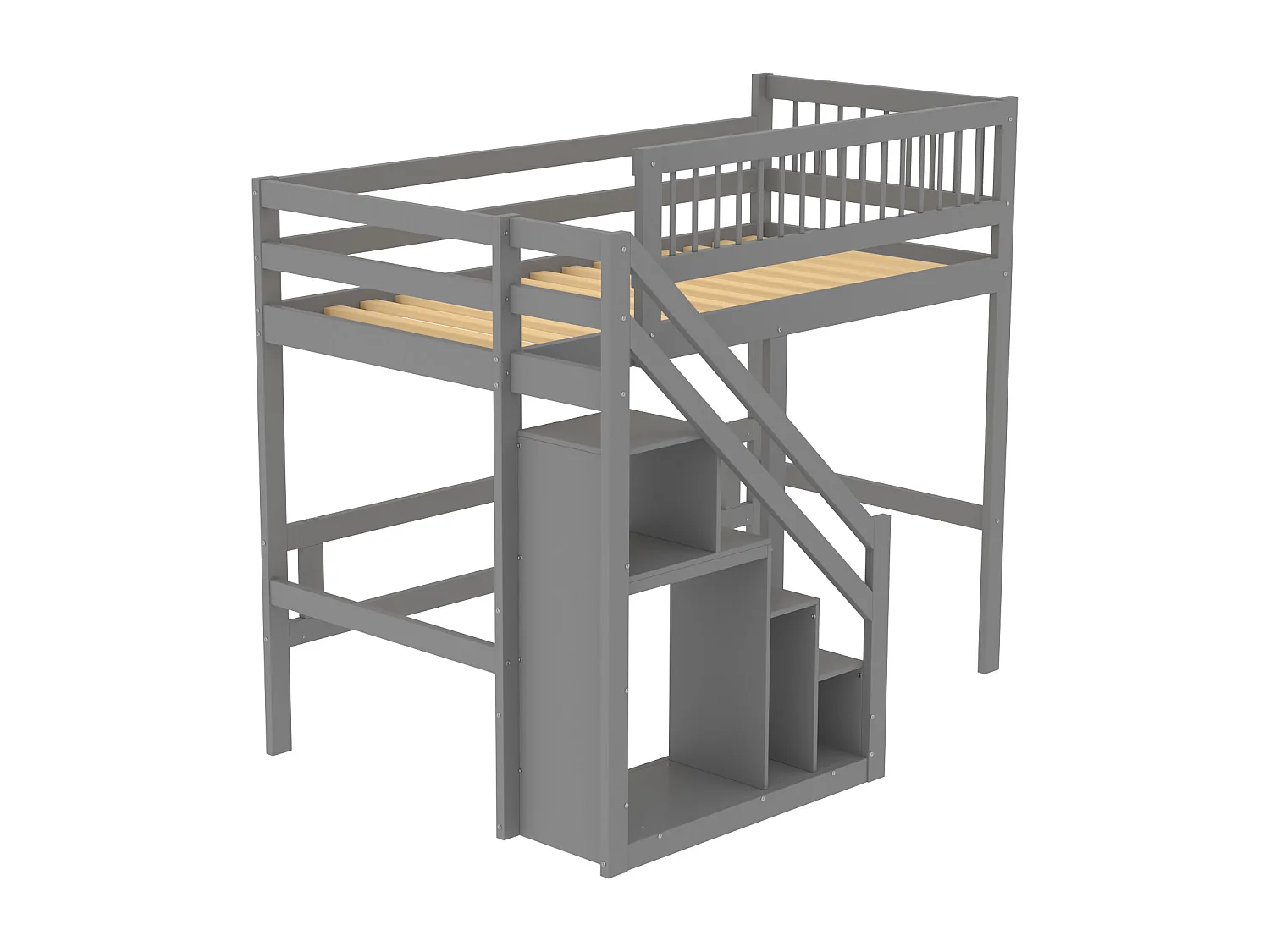 Hochbett aus Massivholz 90 x 200 cm mit Stauraum – Sicherheitstreppe – Grau