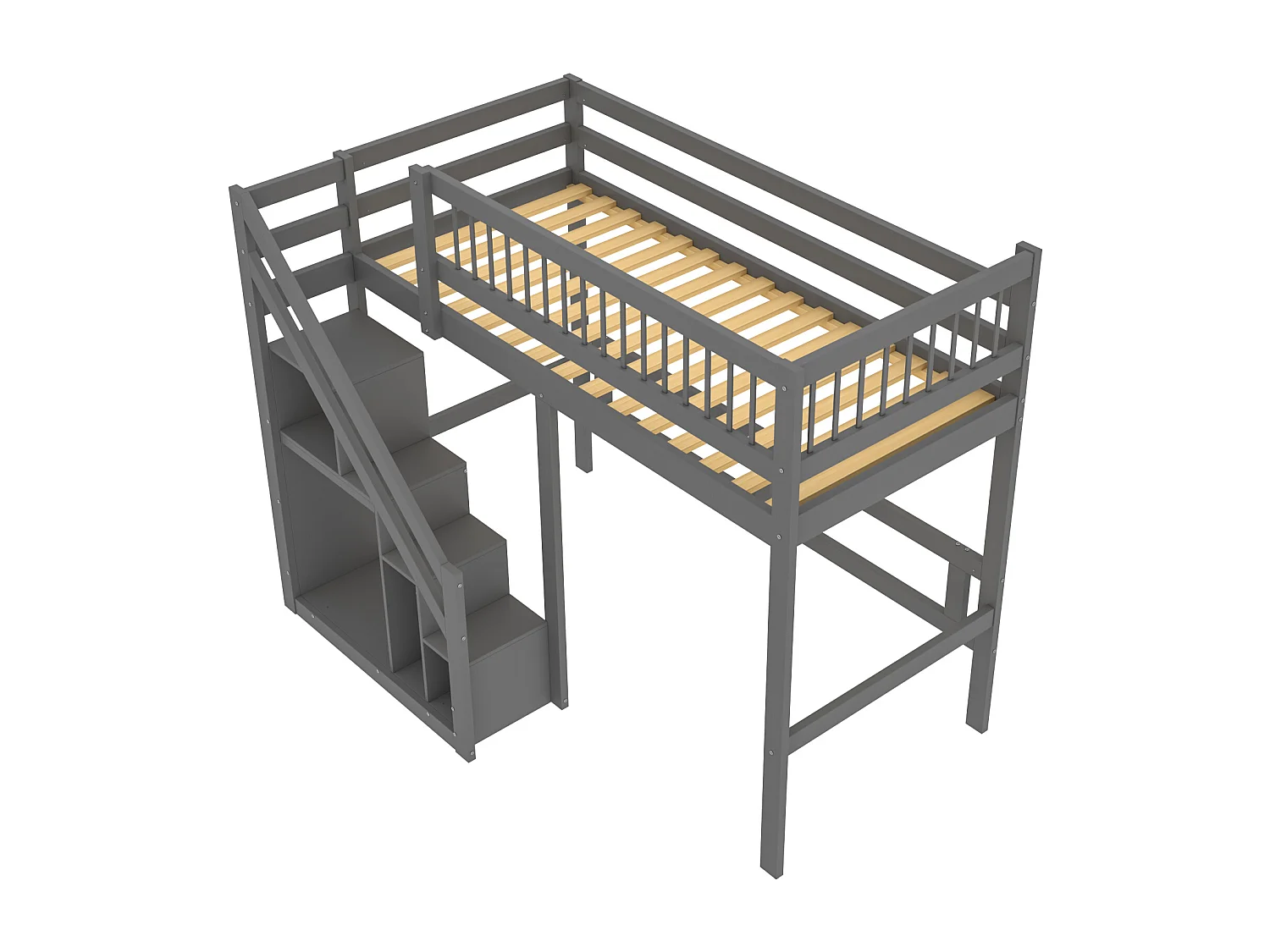 Hochbett aus Massivholz 90 x 200 cm mit Stauraum – Sicherheitstreppe – Grau