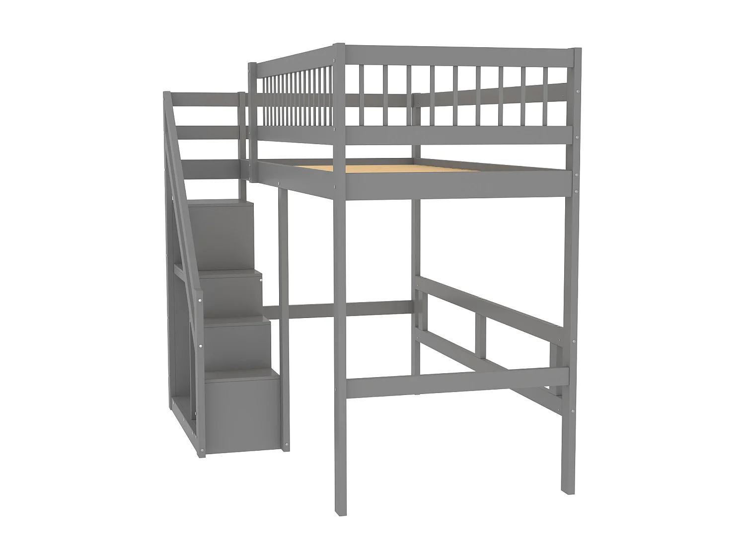 Hochbett aus Massivholz 90 x 200 cm mit Stauraum – Sicherheitstreppe – Grau