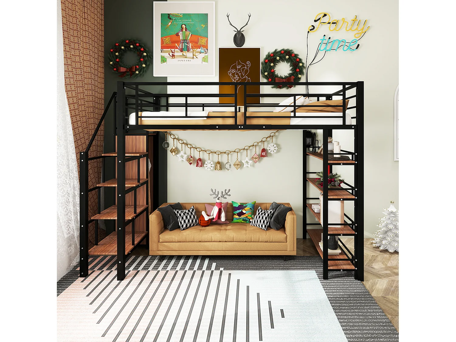 Lit mezzanine en métal 90 x 200 cm avec étagères de rangement et petite penderie - escalier de sécurité - noir