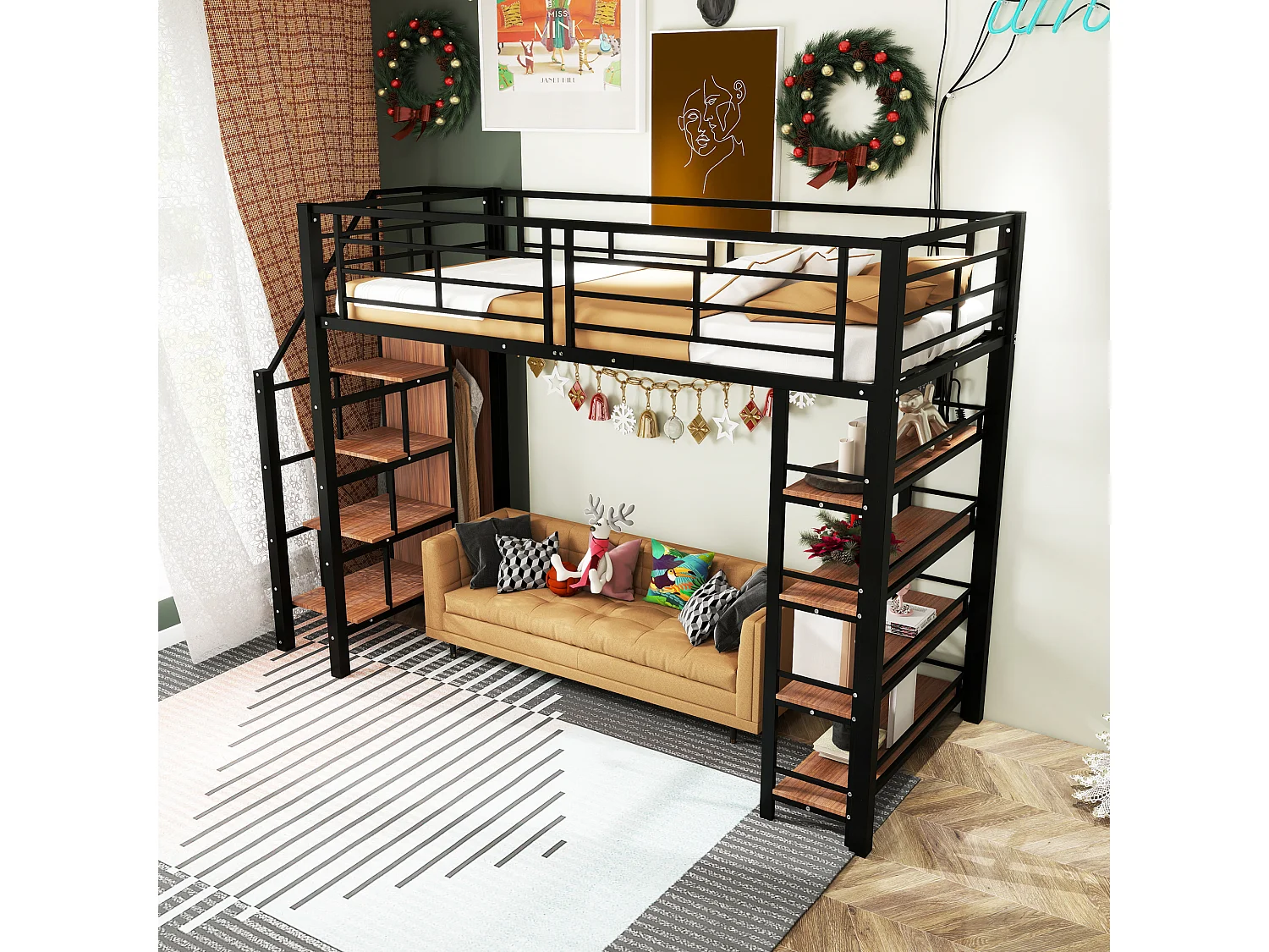 Lit mezzanine en métal 90 x 200 cm avec étagères de rangement et petite penderie - escalier de sécurité - noir