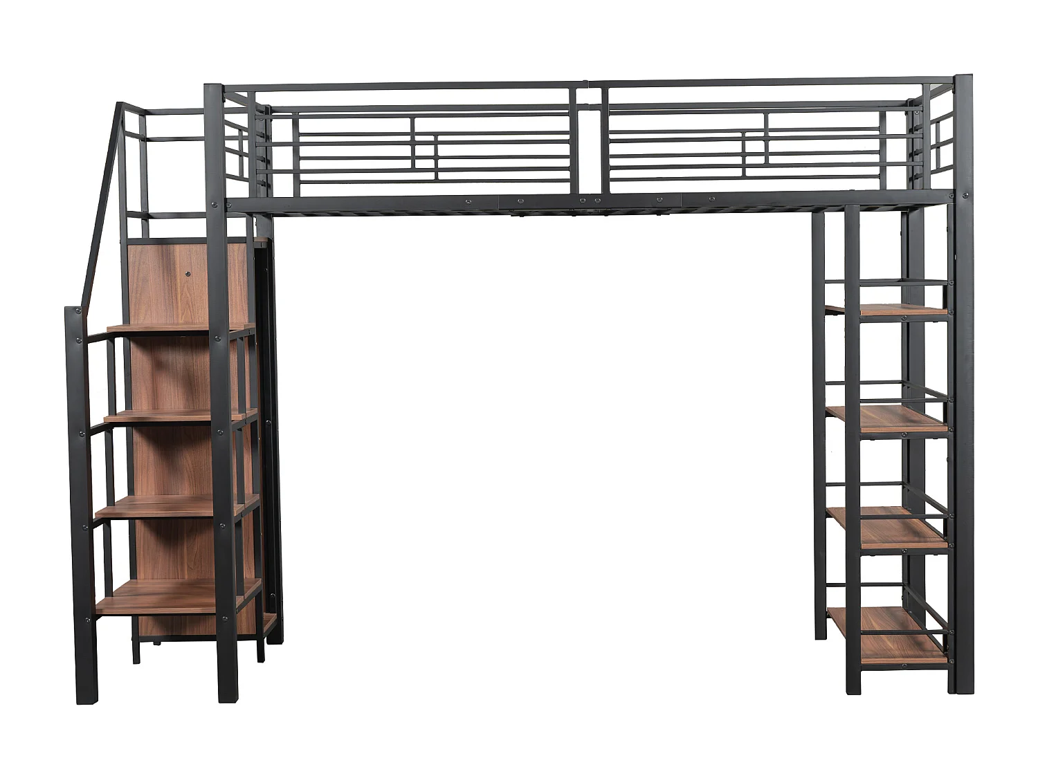 Lit mezzanine en métal 90 x 200 cm avec étagères de rangement et petite penderie - escalier de sécurité - noir