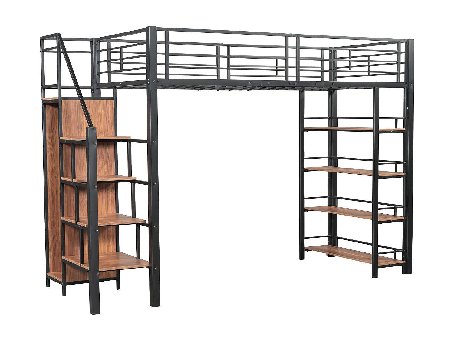 Lit mezzanine en métal 90 x 200 cm avec étagères de rangement et petite penderie - escalier de sécurité - noir