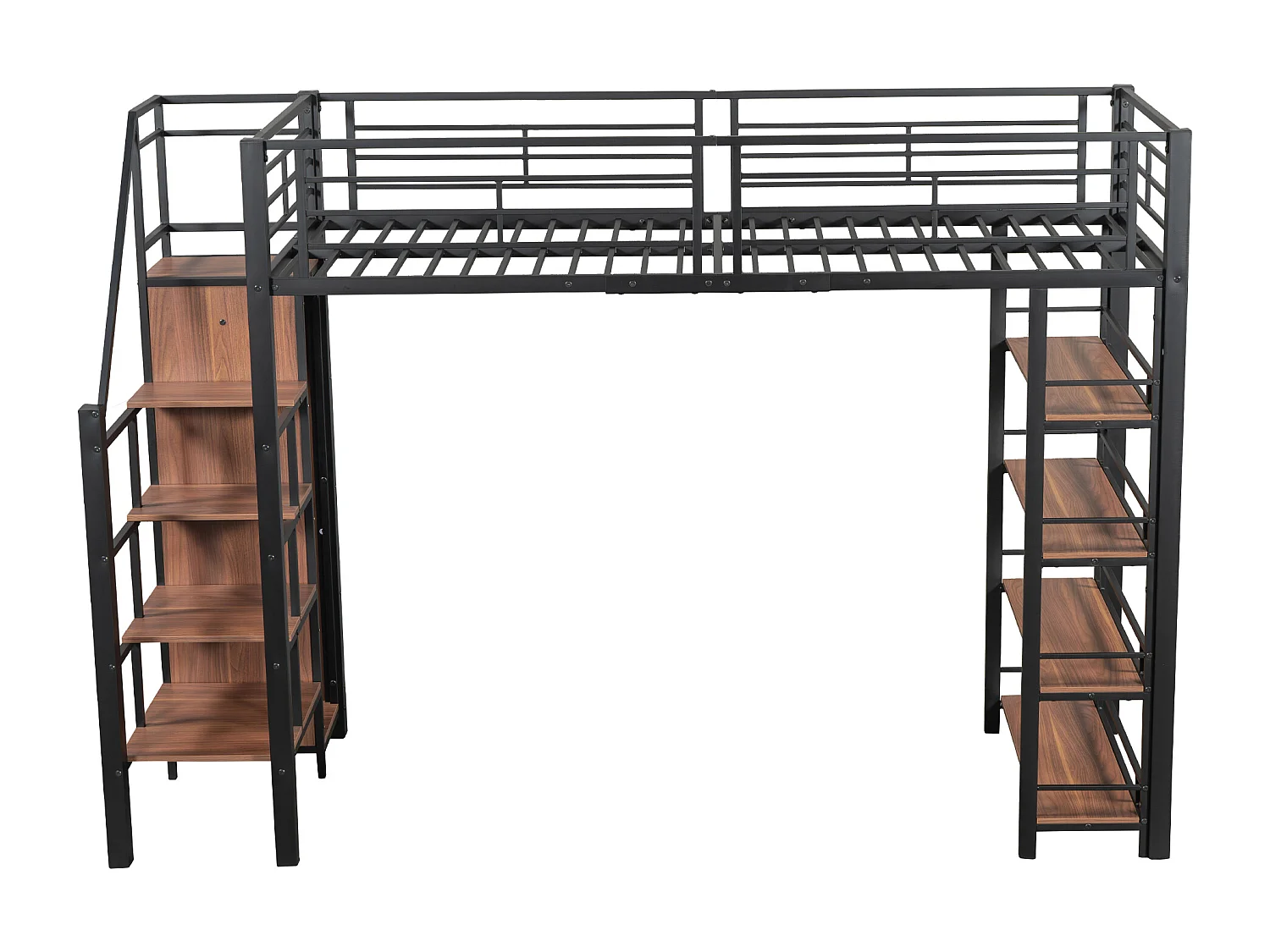 Lit mezzanine en métal 90 x 200 cm avec étagères de rangement et petite penderie - escalier de sécurité - noir