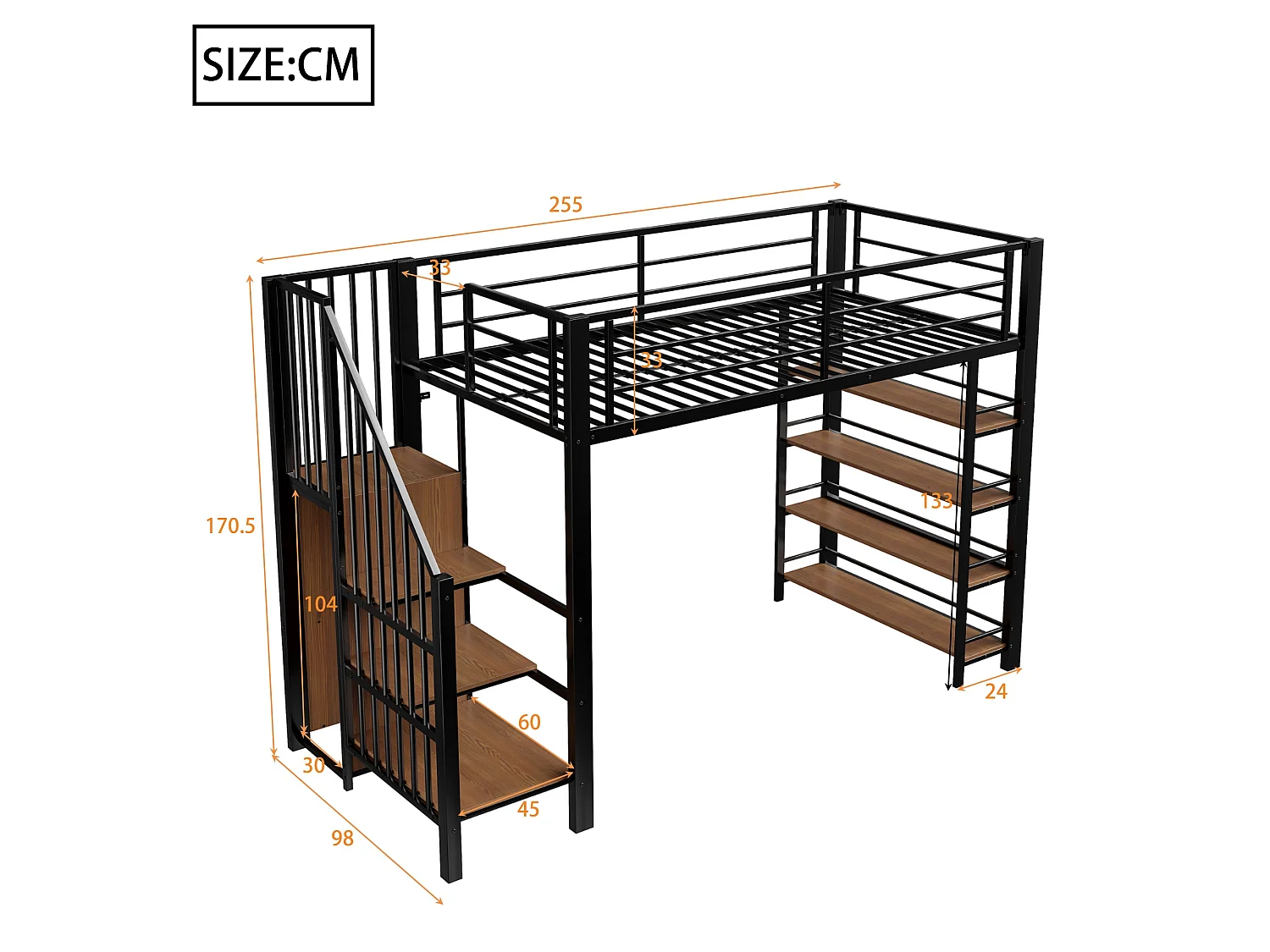 Metal loft bed 90 x 200 cm with storage shelves and small wardrobe - safety ladder - black